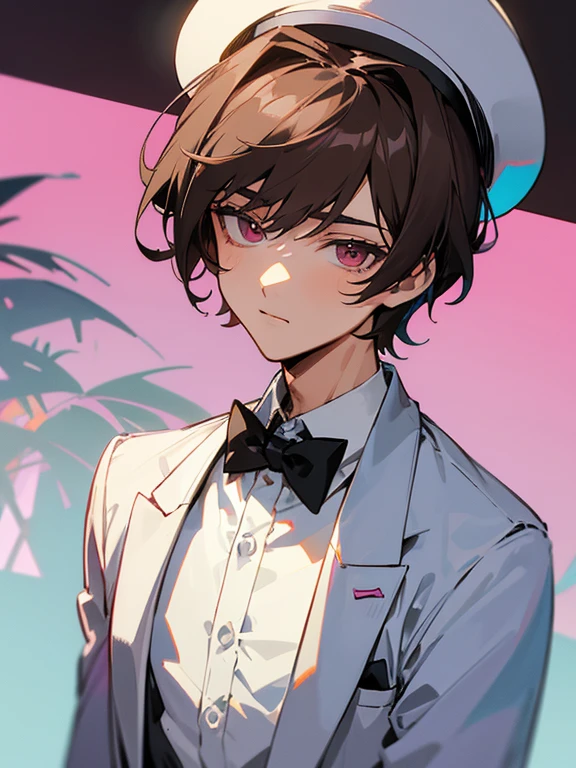 cartoon of a young man standing, with a black loop bow tie and with a white milkman hat, ddlc, in the art style of 8 0 s anime, 9 0 s anime style, 90s anime style, in anime style, in an anime style, anime aesthetic, anime vibes, 9 0 s anime aesthetic, 9 0 s anime art style, lofi boy, typical anime street background, beautiful background window, one young man, beautiful face, young man, don't extra hands, NO extra hands, generate a young man with NO extra hands, NO extra arm, white shirt, white milkman hat, tired eyes, beautiful tired eyes, brown short hair, brown hair, short hair, dark eyes, beautiful tired dark eyes, cute anime young man, based on Francis Mosses from that's not my neighbor, Francis Mosses the milkman, Francis Mosses the milkman from that's not my neighbor, beautiful face, sexy face, pretty pose, beautiful body, beautiful sexy young man, milkman, cute young milkman,