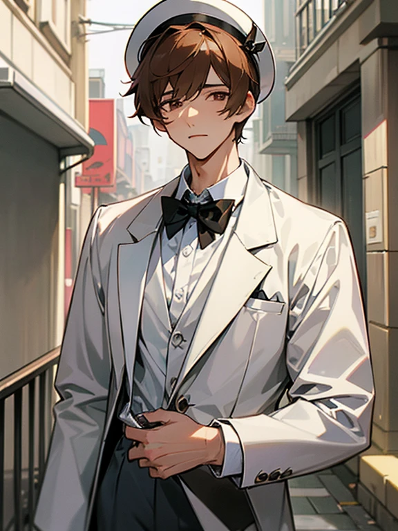 cartoon of a young man standing, with a black loop bow tie and with a white milkman hat, ddlc, in the art style of 8 0 s anime, 9 0 s anime style, 90s anime style, in anime style, in an anime style, anime aesthetic, anime vibes, 9 0 s anime aesthetic, 9 0 s anime art style, lofi boy, typical anime street background, beautiful background window, one young man, beautiful face, young man, don't extra hands, NO extra hands, generate a young man with NO extra hands, NO extra arm, white shirt, white milkman hat, tired eyes, beautiful tired eyes, brown short hair, brown hair, short hair, dark eyes, beautiful tired dark eyes, cute anime young man, based on Francis Mosses from that's not my neighbor, Francis Mosses the milkman, Francis Mosses the milkman from that's not my neighbor, beautiful face, sexy face, pretty pose, beautiful body, beautiful sexy young man, milkman, cute young milkman,