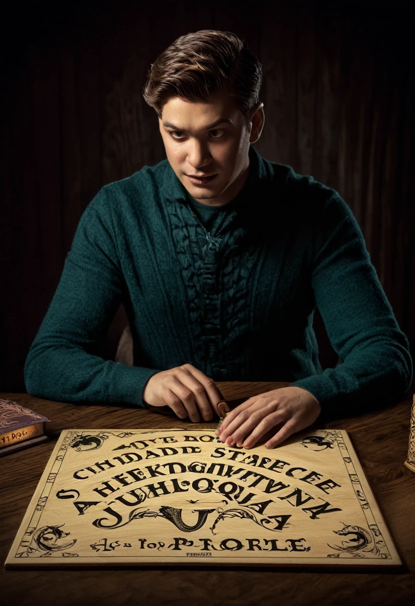 Crea una imagen de un chico jugando a la ouija para una portada de un libro digital