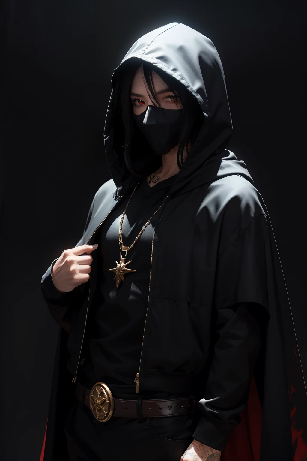 fantasy monster man with black clothes, a black cape, two red eyes, hooded face, gloomy and dark background