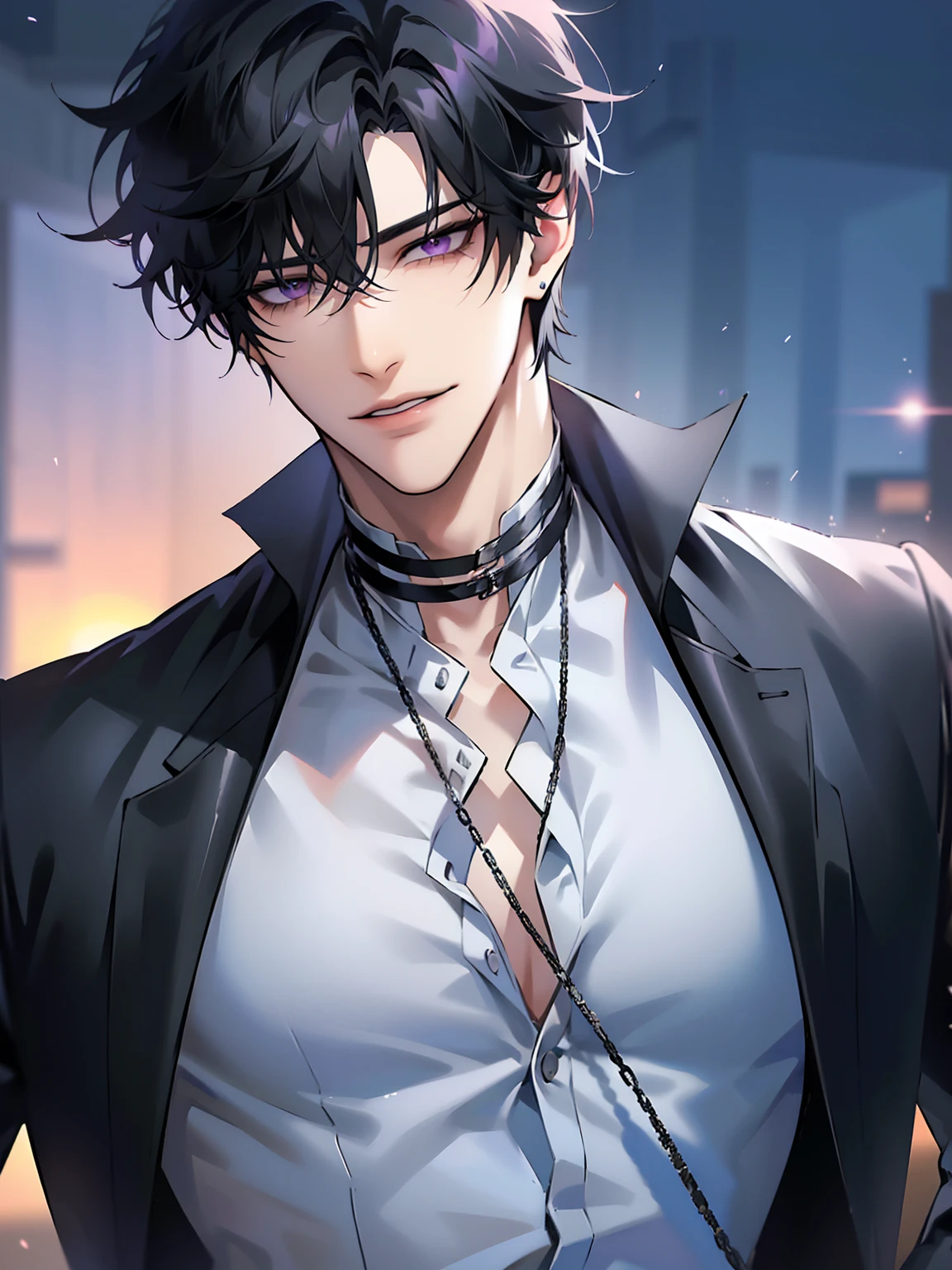 (masterpiece, 4k, high quality:1.3), 1boy, solo, short hair, black hair, asymmetrical fringe, purple eyes, handsome, sharp eyes, (mature male, mature:1.2), male focus, fashionable, open pattern collared shirt, black pants, gray jacket, necklace, sunset, evening, close up, smile