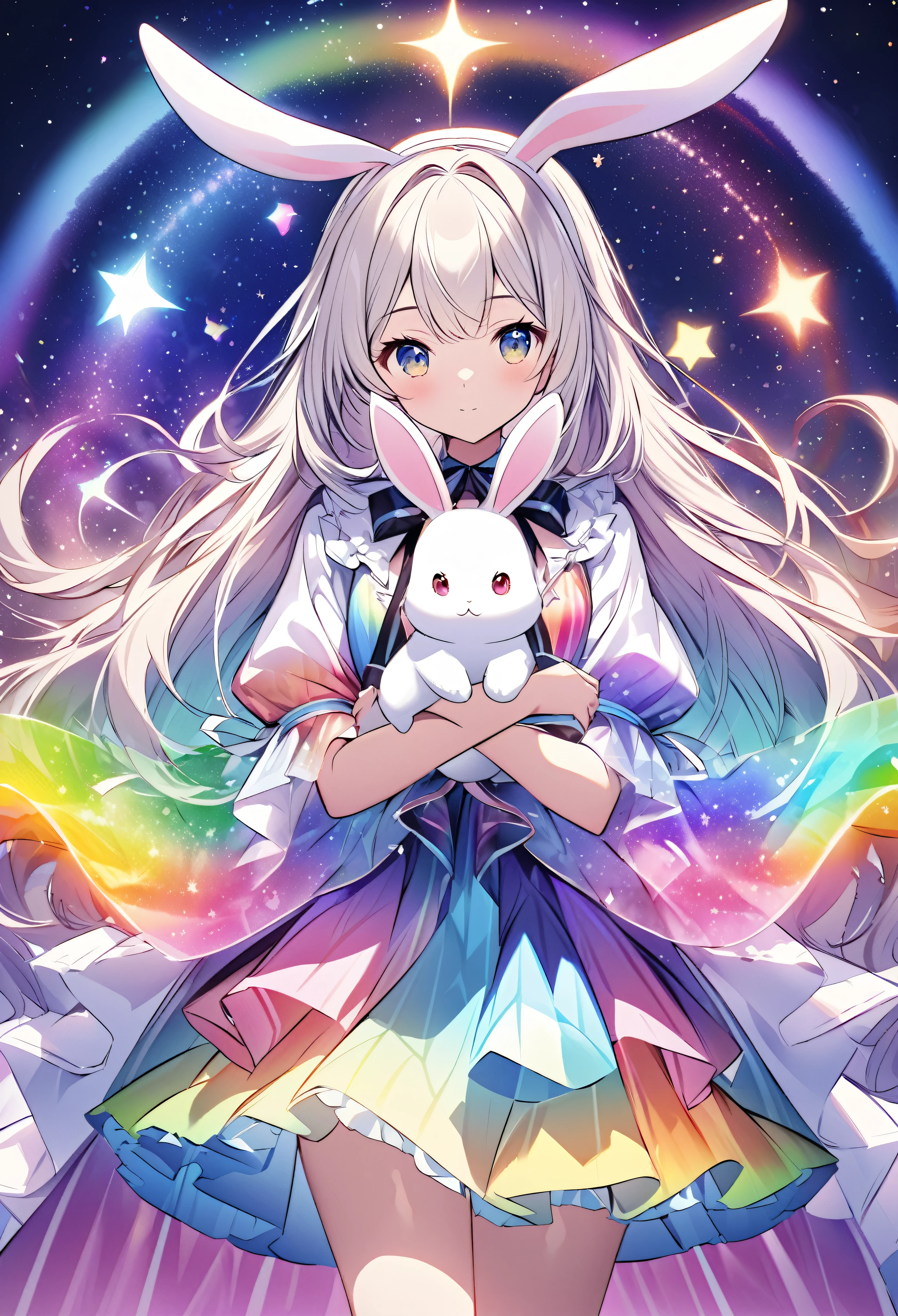 "Create an illustration of a mysterious character holding a white rabbit, She has light-colored hair with ribbons that resemble bunny ears.. Characters are shiny, A rainbow-colored blouse that reflects different colors. The background must be a celestial object, The starry sky transforms into a vibrant rainbow spectrum, Creates a mysterious and magical atmosphere."
