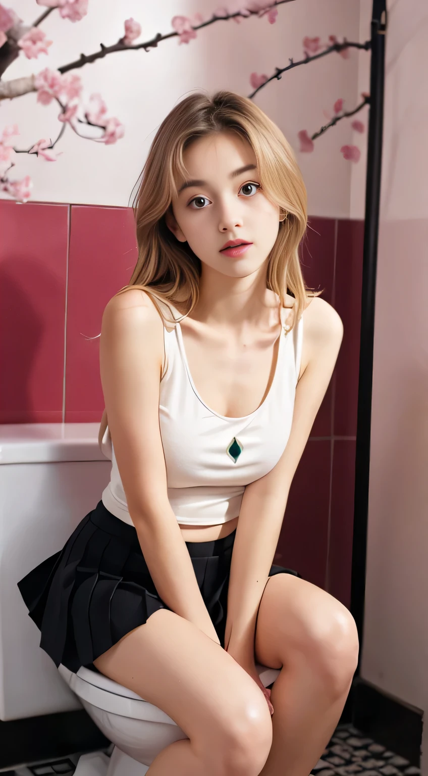 , European, blonde, small breasts, big eyes, long legs, white tank top with plunging neckline, sweatshirt, black pleated mini-skirt, barefoot, sitting on toilet, school bathroom, cherry blossom, ray tracing, HDR