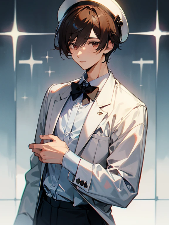 cartoon of a young man standing, with a black loop bow tie and with a white milkman hat, ddlc, in the art style of 8 0 s anime, 9 0 s anime style, 90s anime style, in anime style, in an anime style, anime aesthetic, anime vibes, 9 0 s anime aesthetic, 9 0 s anime art style, lofi boy, typical anime street background, beautiful background window, one young man, beautiful face, young man, don't extra hands, NO extra hands, generate a young man with NO extra hands, NO extra arm, white shirt, white milkman hat, tired eyes, beautiful tired eyes, brown short hair, brown hair, short hair, dark eyes, beautiful tired dark eyes, cute anime young man, based on Francis Mosses from that's not my neighbor, Francis Mosses the milkman, Francis Mosses the milkman from that's not my neighbor, beautiful face, sexy face, pretty pose, beautiful body, beautiful sexy young man, milkman, cute young milkman, without a jacket only with a white shirt 