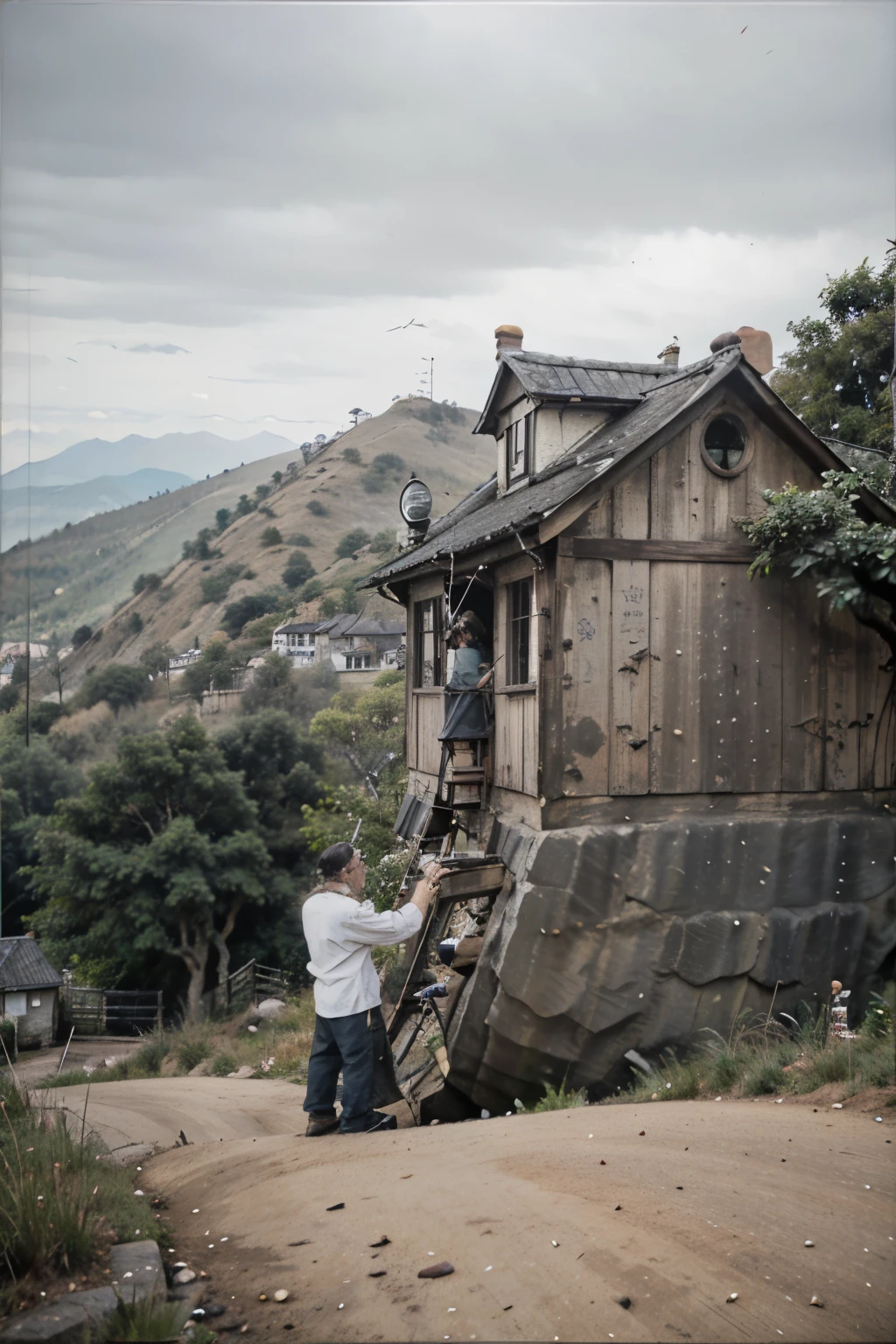 60 year old watchmaker man working on a house on the hill 
