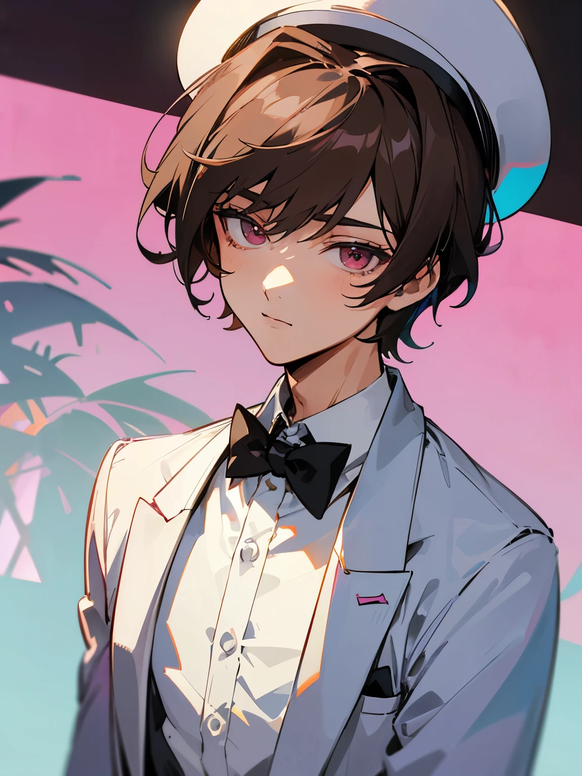 cartoon of a young man standing, with a black loop bow tie and with a white milkman hat, ddlc, in the art style of 8 0 s anime, 9 0 s anime style, 90s anime style, in anime style, in an anime style, anime aesthetic, anime vibes, 9 0 s anime aesthetic, 9 0 s anime art style, lofi boy, typical anime street background, beautiful background window, one young man, beautiful face, young man, don't extra hands, NO extra hands, generate a young man with NO extra hands, NO extra arm, white shirt, white milkman hat, tired eyes, beautiful tired eyes, brown short hair, brown hair, short hair, dark eyes, beautiful tired dark eyes, cute anime young man, based on Francis Mosses from that's not my neighbor, Francis Mosses the milkman, Francis Mosses the milkman from that's not my neighbor, beautiful face, sexy face, pretty pose, beautiful body, beautiful sexy young man, milkman, cute young milkman,