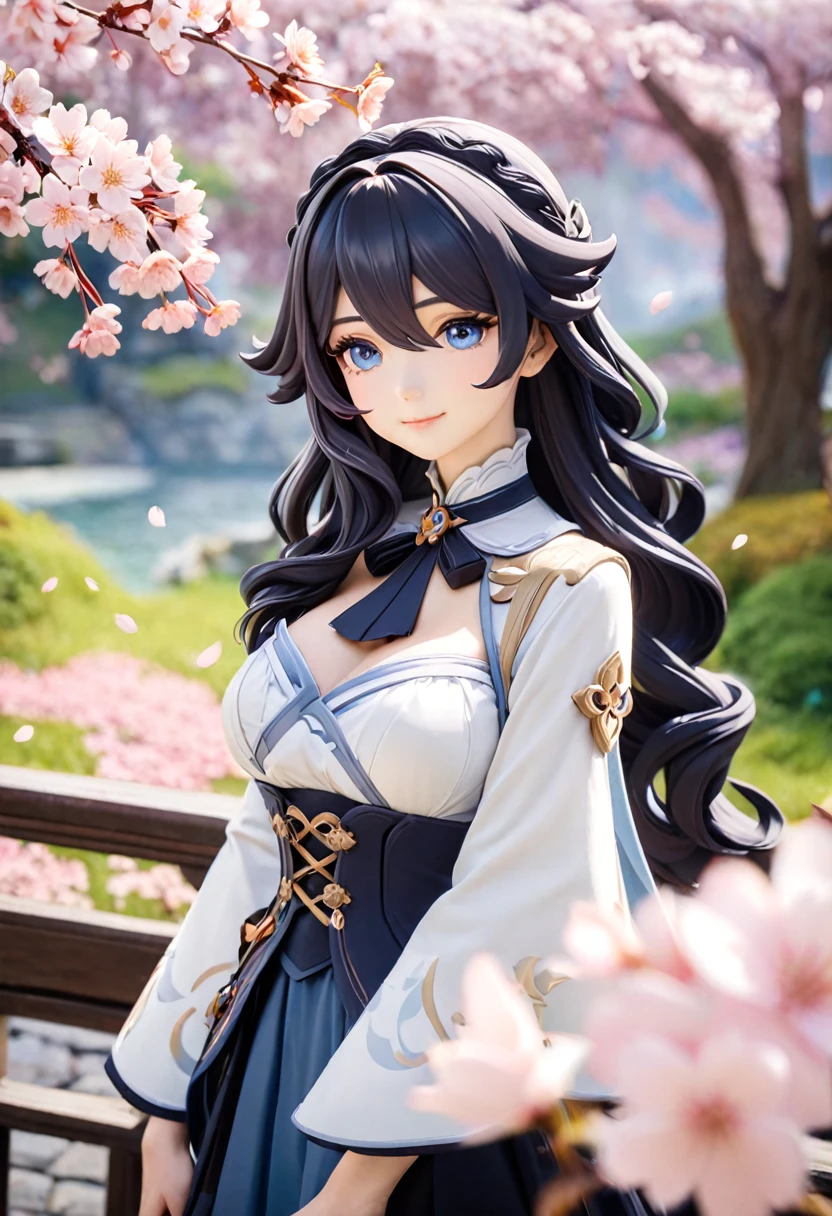Masterpiece, best quality, 1 girl, solo, upper body, genshin impact, 1 girl, breasts, cherry blossoms, closed mouth, black long wavy hair, in a Victorian style dress, jewelry, long hair, looking at spectator, medium breasts, blue eyes,  outdoors, smile, solo, wide sleeves, genshin, 