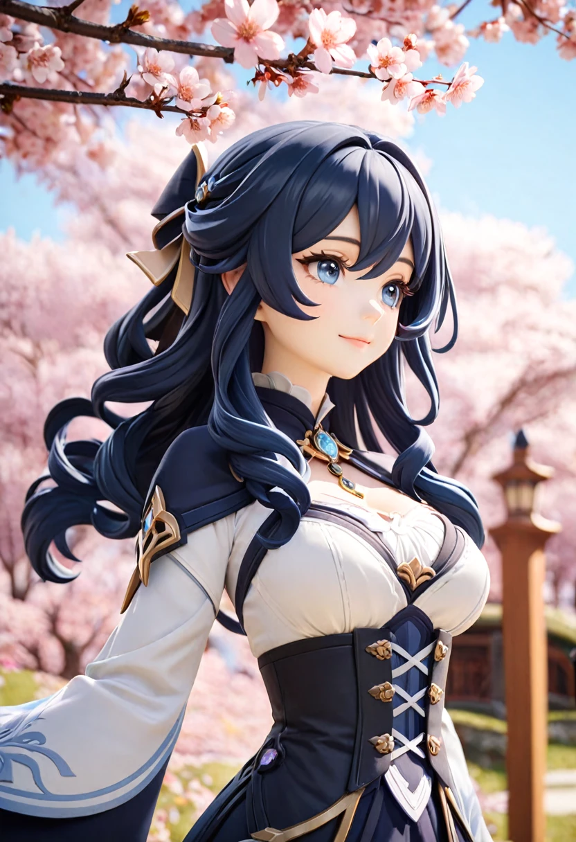 Masterpiece, best quality, 1 girl, solo, upper body, genshin impact, 1 girl, breasts, cherry blossoms, closed mouth, black long wavy hair, in a Victorian style dress, jewelry, long hair, looking at spectator, medium breasts, blue eyes, outdoors, smile, solo, wide sleeves, genshin,