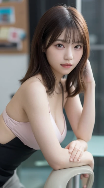 Tabletop, highest quality, figure, Very detailed, In detail, High resolution, 8k wallpaper, Perfect dynamic composition, Beautiful fine details,Wavy long hair,Small breasts、Natural color lip, Bold sexy pose,smile,Late night office、20-year-old girl、Very beautiful face、Subjects striking sexy poses for the camera,Sculpture model pose、Pastel colored micro bikini