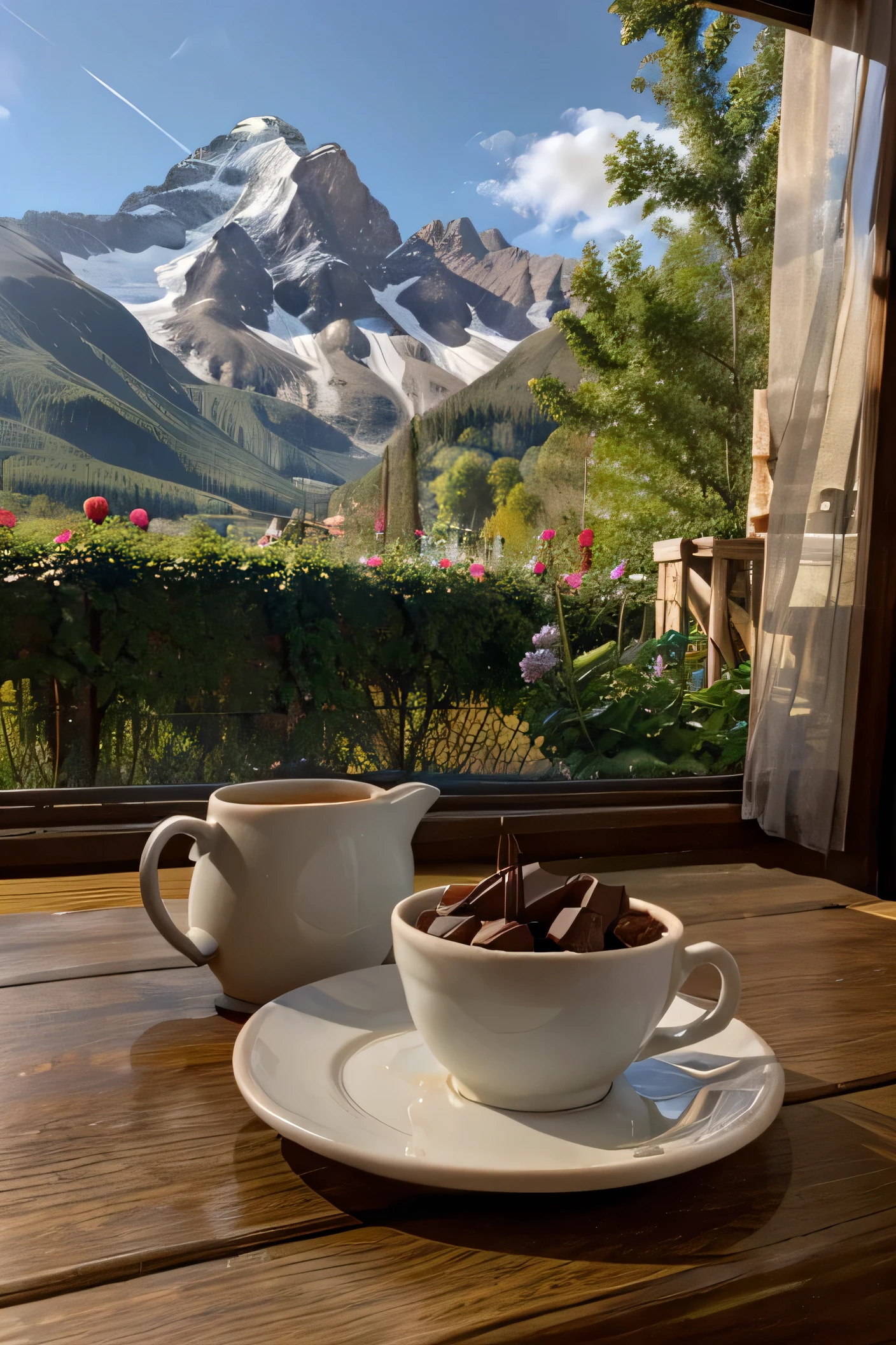 desayuno abundante con flores , un chocolate , mountains background