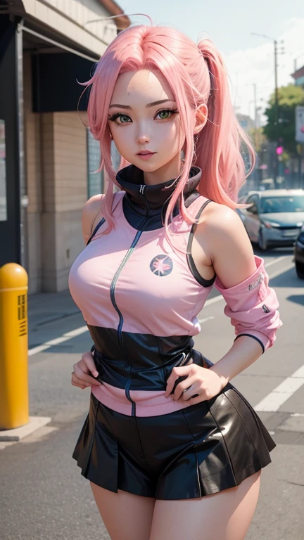 18 year old anime girl with pink hair and green eyes posing for a photo., sakura haruno, mejor fondo de pantalla de anime 4k konachan, chica anime seductora, marin kitagawa fan art, sakura petals around, salpicadura de anime , estilo anime 4k, Moe anime art style, high quality anime art style, ilustraciones de anime detalladas, anime wallaper, mejor chica anime