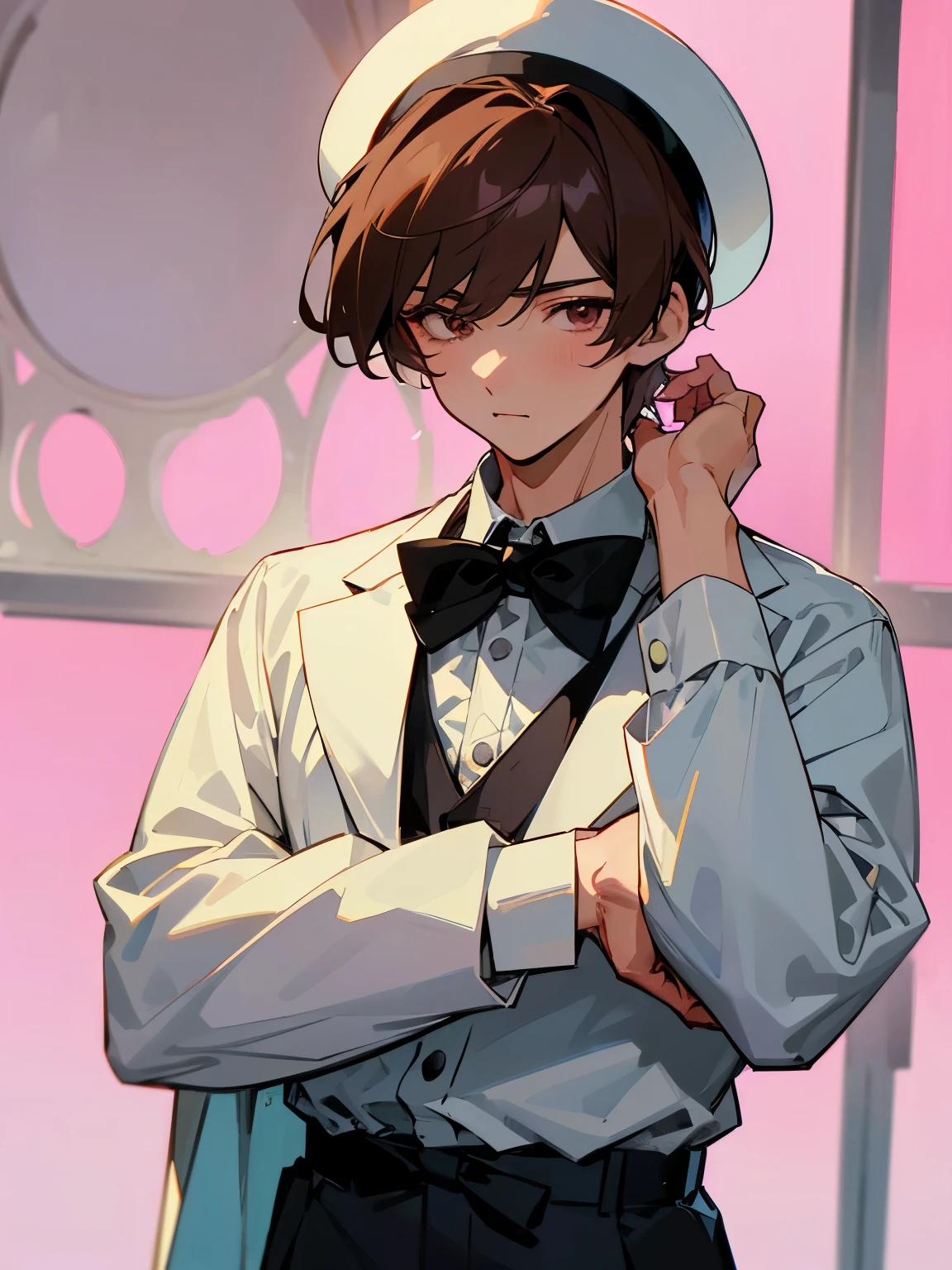 cartoon of a young man standing, with a black loop bow tie and with a white milkman hat, ddlc, in the art style of 8 0 s anime, 9 0 s anime style, 90s anime style, in anime style, in an anime style, anime aesthetic, anime vibes, 9 0 s anime aesthetic, 9 0 s anime art style, lofi boy, typical anime street background, beautiful background window, one young man, beautiful face, young man, don't extra hands, NO extra hands, generate a young man with NO extra hands, NO extra arm, white shirt, white milkman hat, tired eyes, beautiful tired eyes, brown short hair, brown hair, short hair, dark eyes, beautiful tired dark eyes, cute anime young man, based on Francis Mosses from that's not my neighbor, Francis Mosses the milkman, Francis Mosses the milkman from that's not my neighbor, beautiful face, sexy face, pretty pose, beautiful body, beautiful sexy young man, milkman, cute young milkman, 