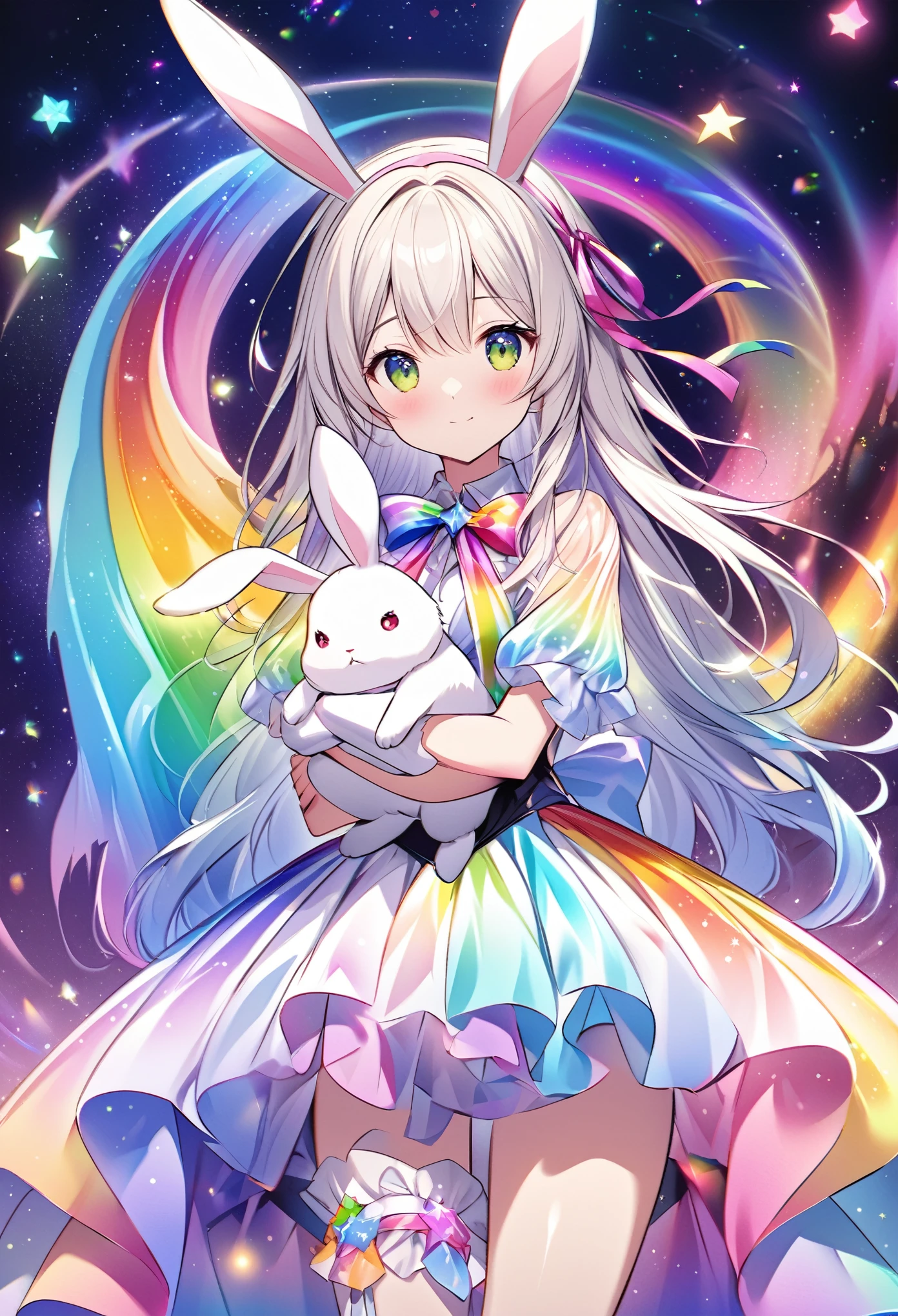 "Create an illustration of a mysterious character holding a white rabbit, She has light-colored hair with ribbons that resemble bunny ears.. Characters are shiny, A rainbow-colored blouse that reflects different colors. The background must be a celestial object, The starry sky transforms into a vibrant rainbow spectrum, Creates a mysterious and magical atmosphere."
