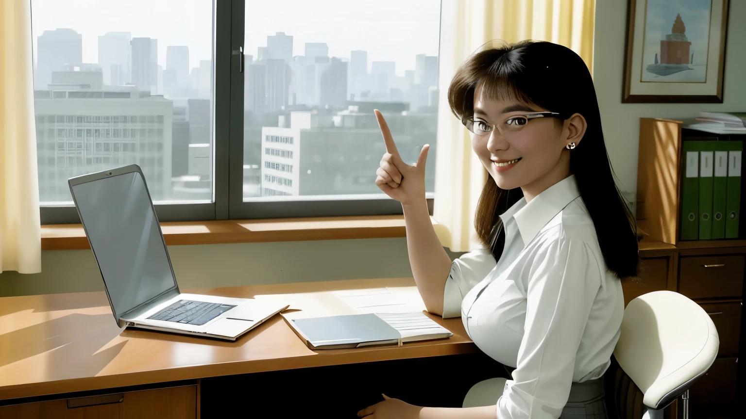 sunny day. Young secretary, 25 years, sitting at a desk in the office, looks at the laptop screen and holds a smartphone near his ear with his right hand, talking to boss and smiling, with his left hand he points his palm to an imaginary boss at a screen with graphs, view to her right, on the side to the left of the secretary you can see white curtains on the windows.