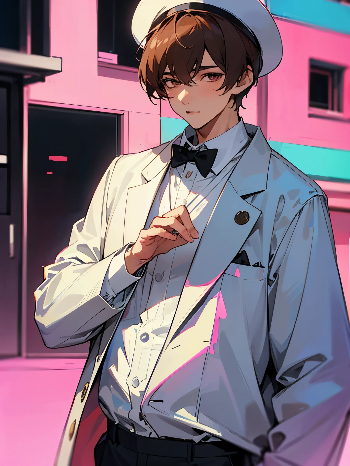 cartoon of a young man standing, with a black loop bow tie and with a white milkman hat, ddlc, in the art style of 8 0 s anime, 9 0 s anime style, 90s anime style, in anime style, in an anime style, anime aesthetic, anime vibes, 9 0 s anime aesthetic, 9 0 s anime art style, lofi boy, typical anime street background, beautiful background window, one young man, beautiful face, young man, don't extra hands, NO extra hands, generate a young man with NO extra hands, NO extra arm, white shirt, white milkman hat, tired eyes, beautiful tired eyes, brown short hair, brown hair, short hair, dark eyes, beautiful tired dark eyes, cute anime young man, based on Francis Mosses from that's not my neighbor, Francis Mosses the milkman, Francis Mosses the milkman from that's not my neighbor, beautiful face, sexy face, pretty pose, beautiful body, beautiful sexy young man, milkman, cute young milkman,