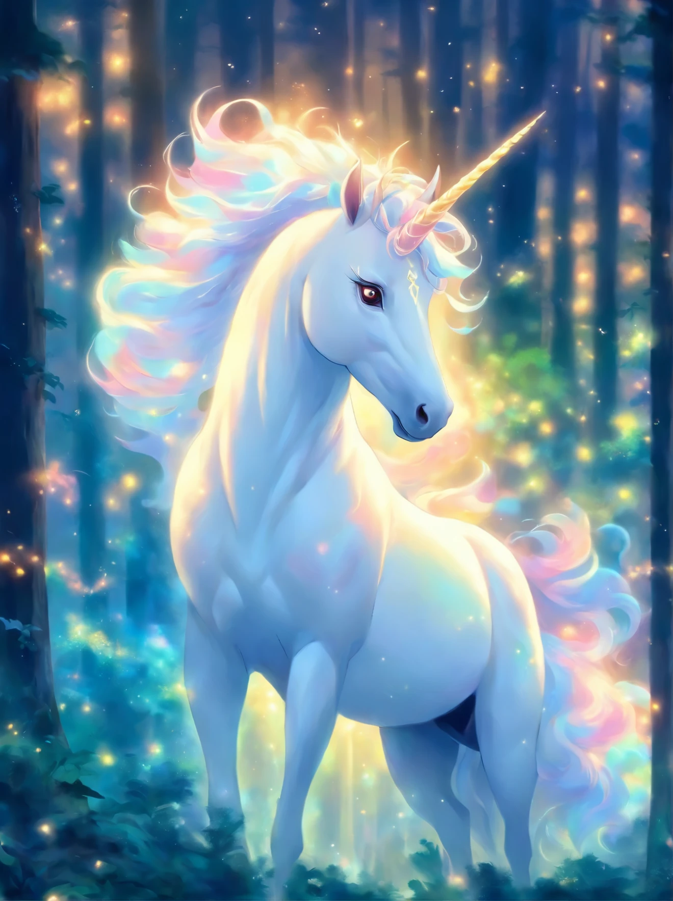 painting of a white unicorn in a forest with a glowing horn, mythical creature, a mythical creature, white unicorn, ethereal!!! ultra realistic, by Bridget Bate Tichenor, by Christophe Vacher, fantasy creature, mythical whimsical creatures, a unicorn, unicorn, by Alison Kinnaird, mystical oil on linen, irridescent ghostly, mythical creatures, forest spirit