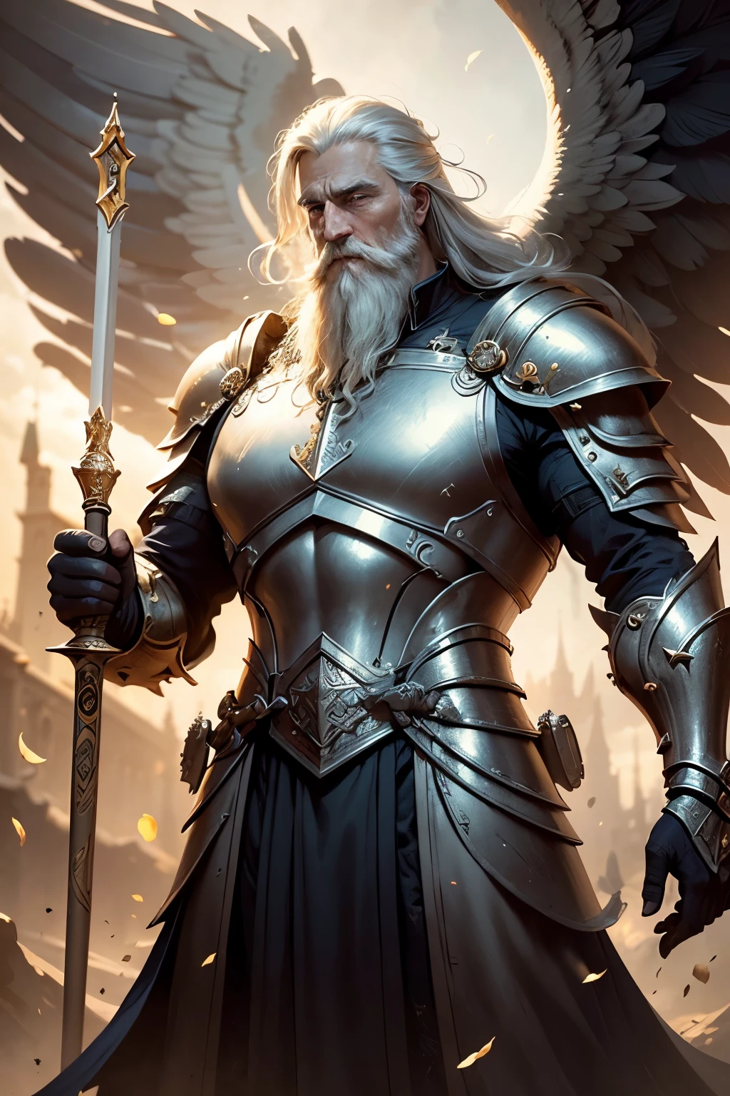 ((Best quality)), ((masterpiece)), ((realistic cartoon)), ((perfect character)), ((portrait)):Dynamic pose, Old Angelic Male crusader, long beard,heavy armor, flag. The scene is set in a thematically rich environment. The lighting, crafted with a cinematic touch, emphasizing aura surrounding the genius happy discovery.

Every element of this masterpiece is carefully designed to create a sense of realism and immersion. The intricacies of the genius clothes, the mesmerizing effects of his power, and the level of detail in his happy face all contribute to a captivating visual experience. This artwork is presented in stunning UHD resolution, allowing you to appreciate every nuance and intricacy in breathtaking detail.
From the side, scenic, masterpiece,mtg art,magic the gathering art.