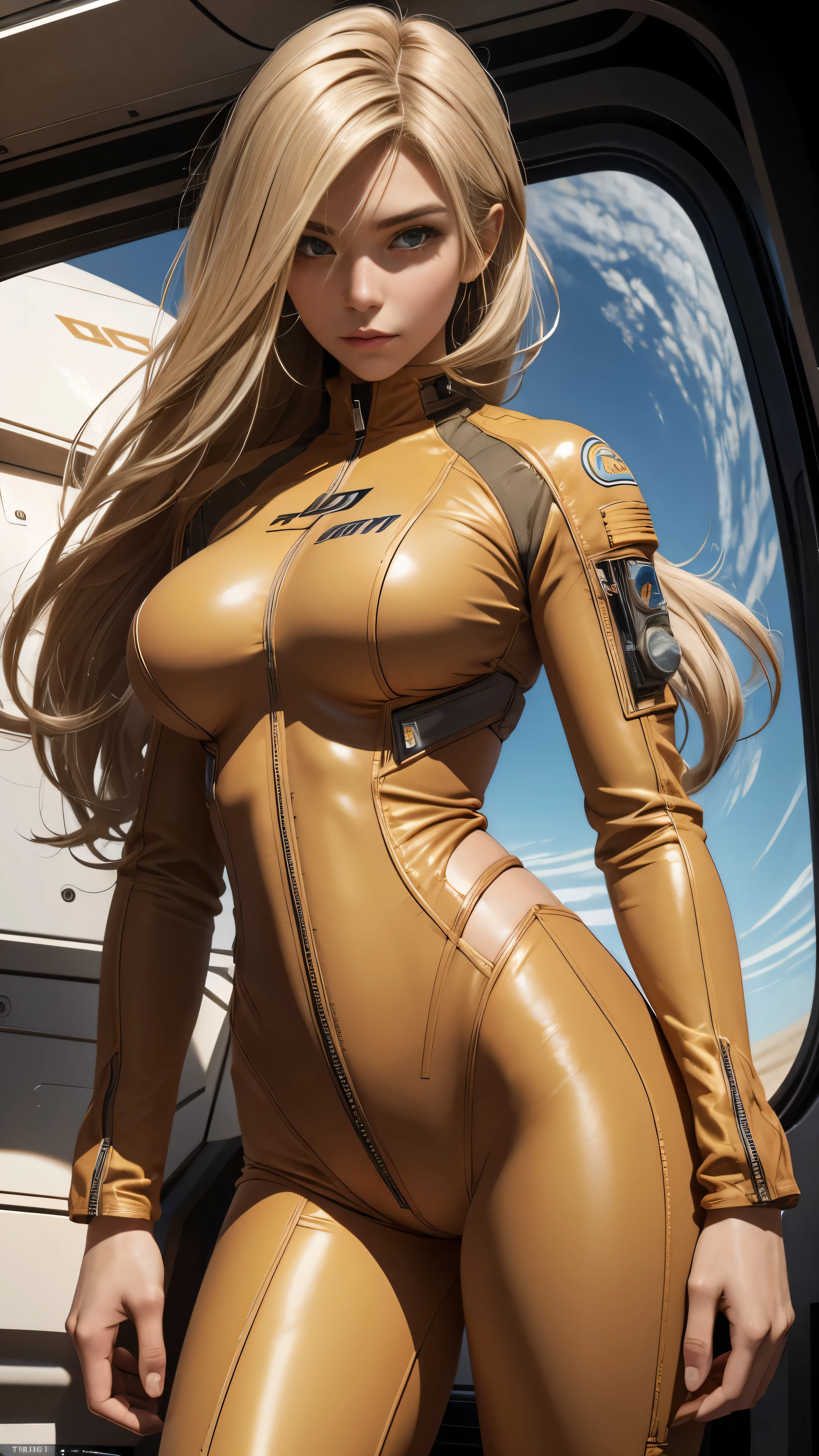 sand-colored hair, toned body, big breasts, slim hips, thin waist, solo, pilot suit, looks at the viewer in space, long hair, blushing, determination., 8 thousand., Extreme detail,