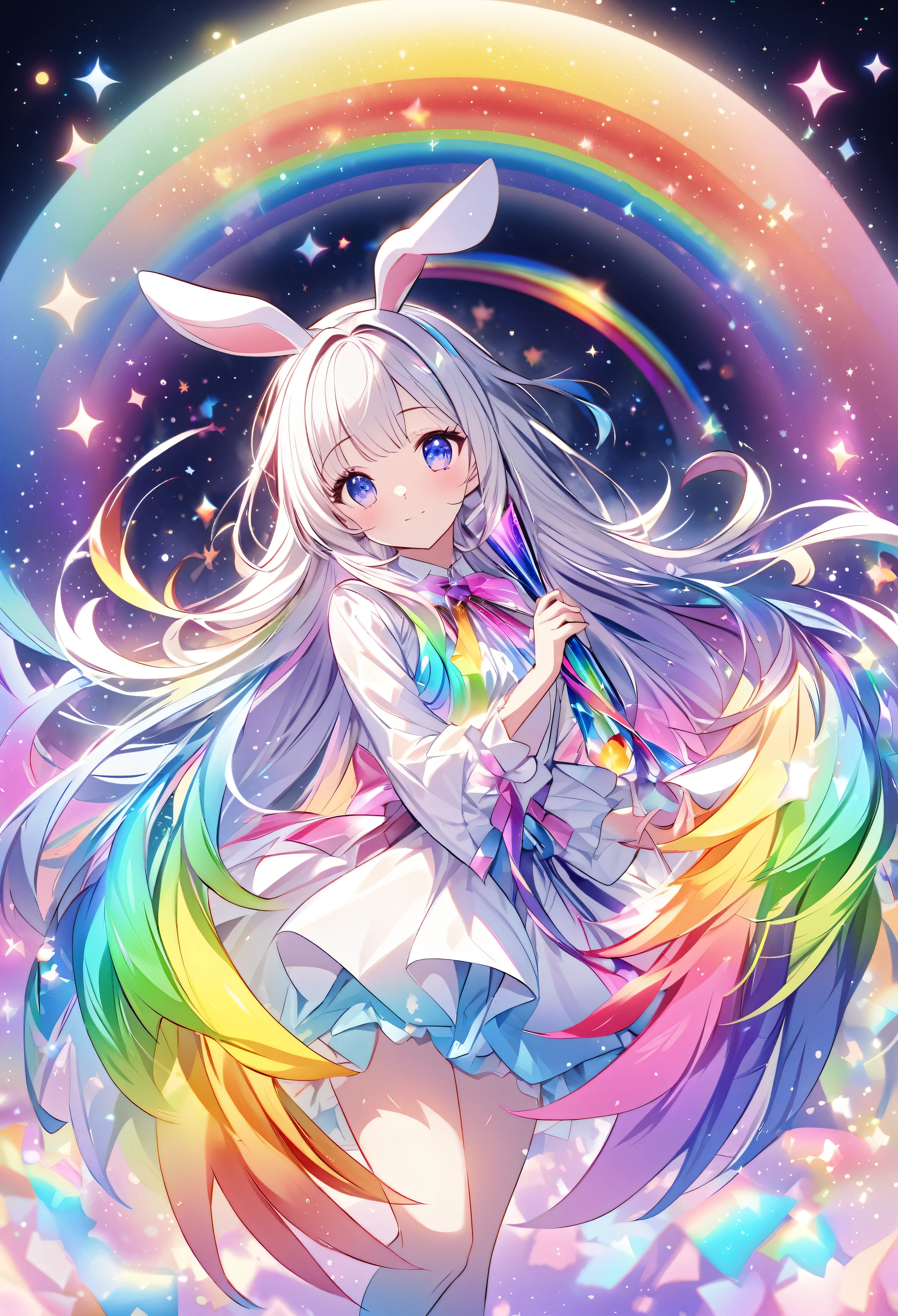 "Create an illustration of a mysterious character holding a white rabbit, She has light-colored hair with ribbons that resemble bunny ears.. Characters are shiny, A rainbow-colored blouse that reflects different colors. The background must be a celestial object, The starry sky transforms into a vibrant rainbow spectrum, Creates a mysterious and magical atmosphere."