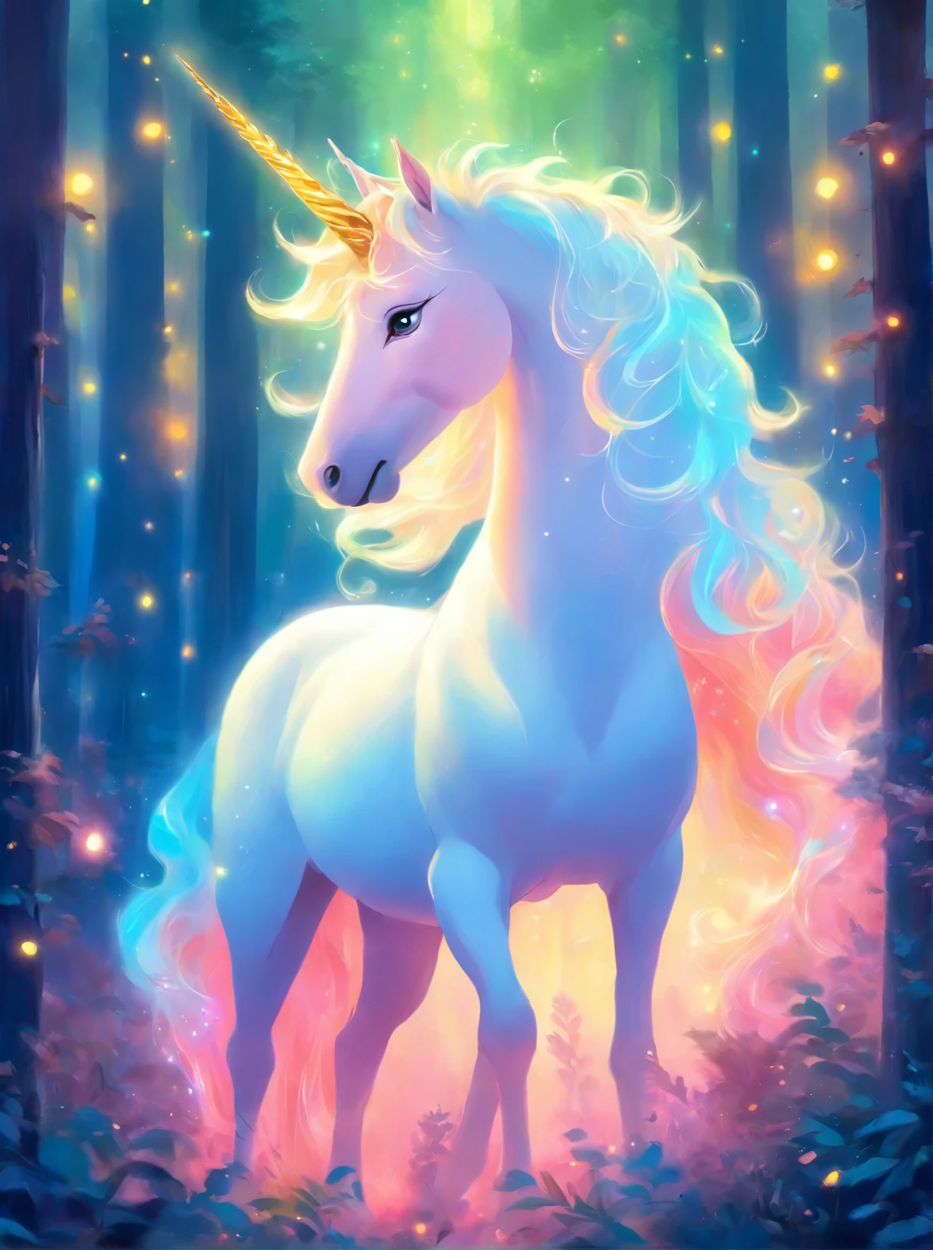 painting of a white unicorn in a forest with a glowing horn, an airbrush painting by Bridget Bate Tichenor, trending on cgsociety, fantasy art, mythical creature, a mythical creature, white unicorn, ethereal!!! ultra realistic, fantasy creature, mythical whimsical creatures, a unicorn, unicorn, mystical oil on linen, irridescent ghostly, mythical creatures