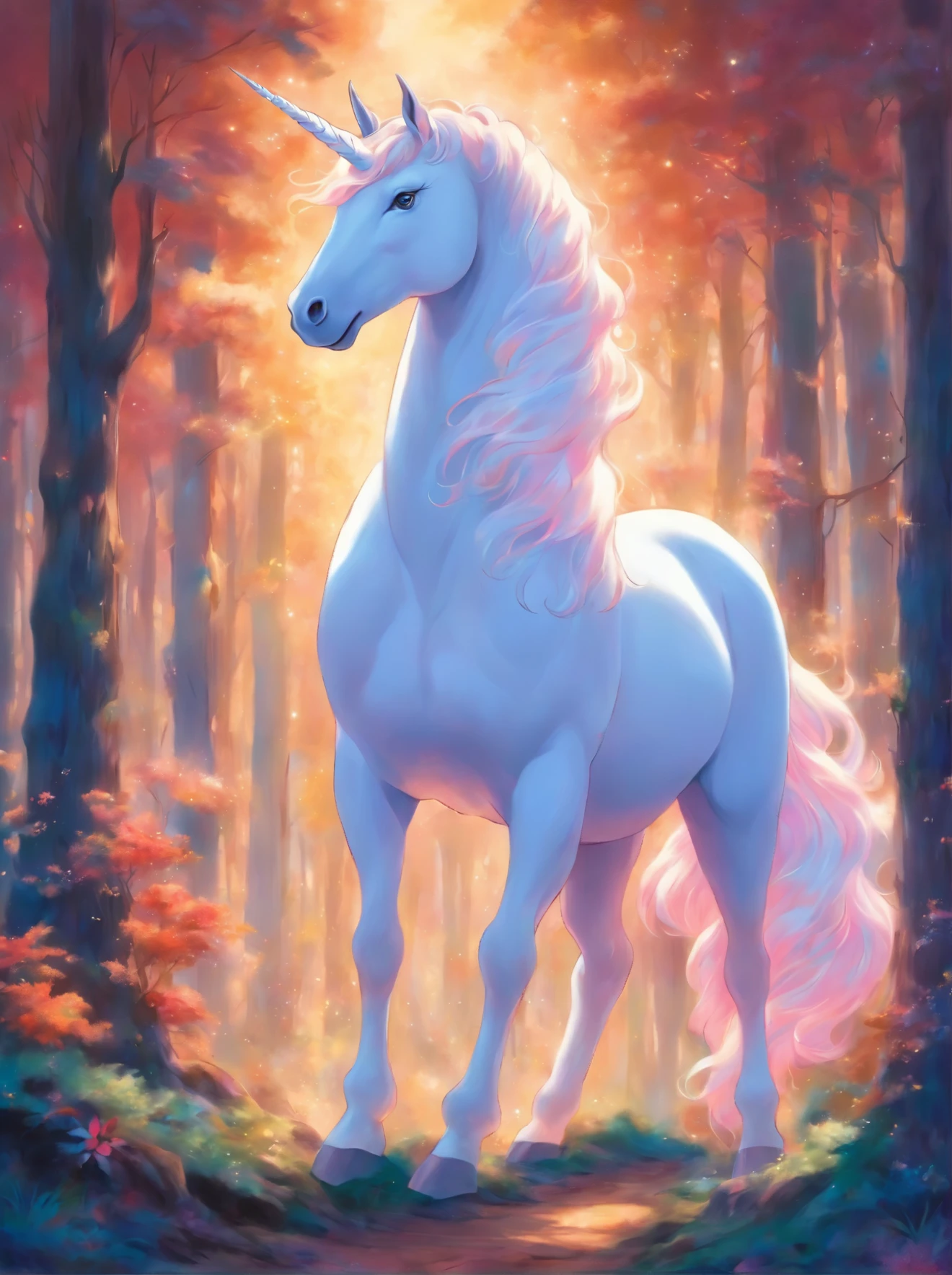 painting of a white unicorn in a forest with a glowing horn, an airbrush painting by Bridget Bate Tichenor, trending on cgsociety, fantasy art, mythical creature, a mythical creature, white unicorn, ethereal!!! ultra realistic, fantasy creature, mythical whimsical creatures, a unicorn, unicorn, mystical oil on linen, irridescent ghostly, mythical creatures