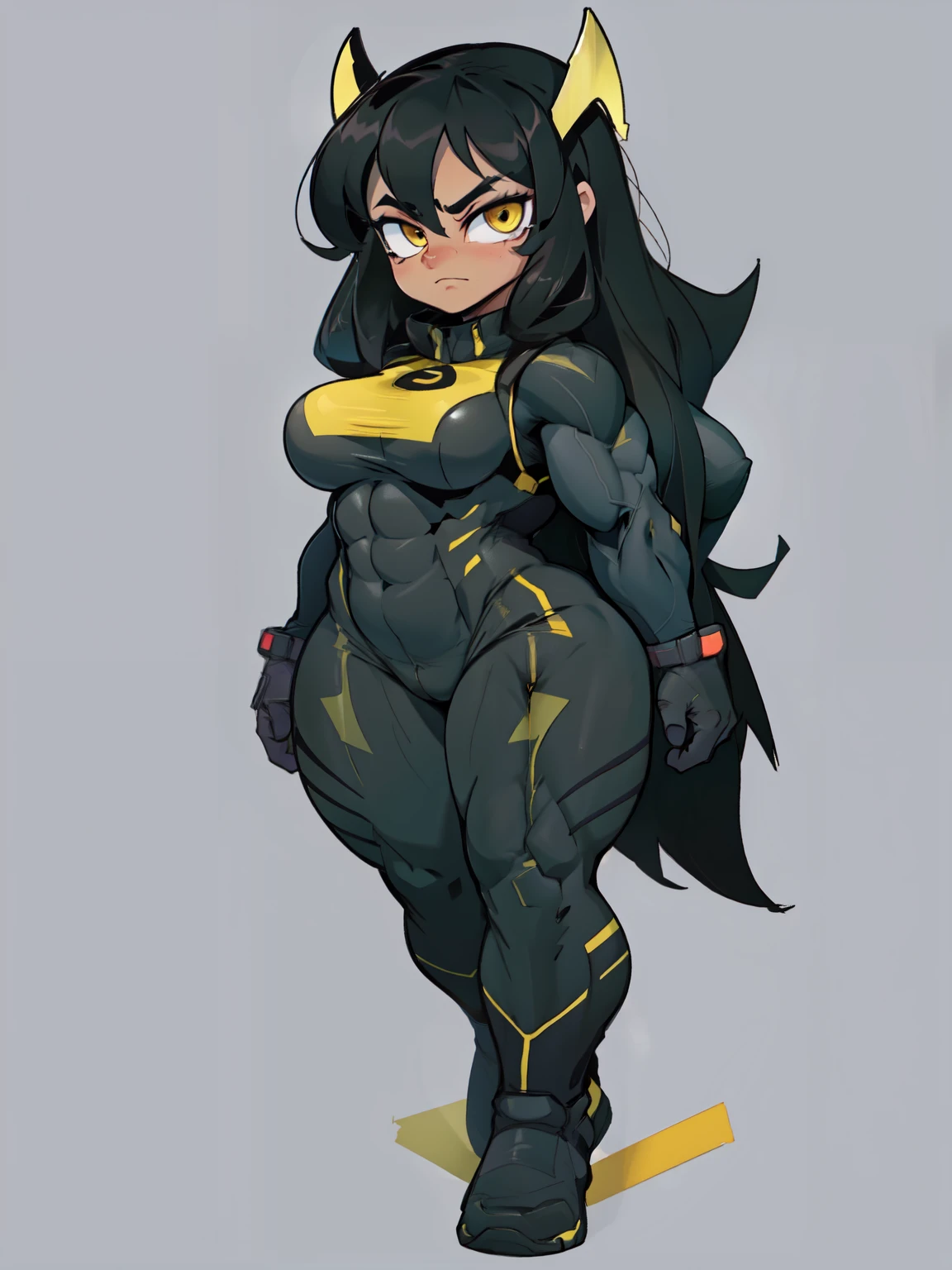 grey background ((((muscular 1girl)))) ((((thick toned body breasts)))) black hair yellow eyes very long hair sad skinsuit (((full body)))