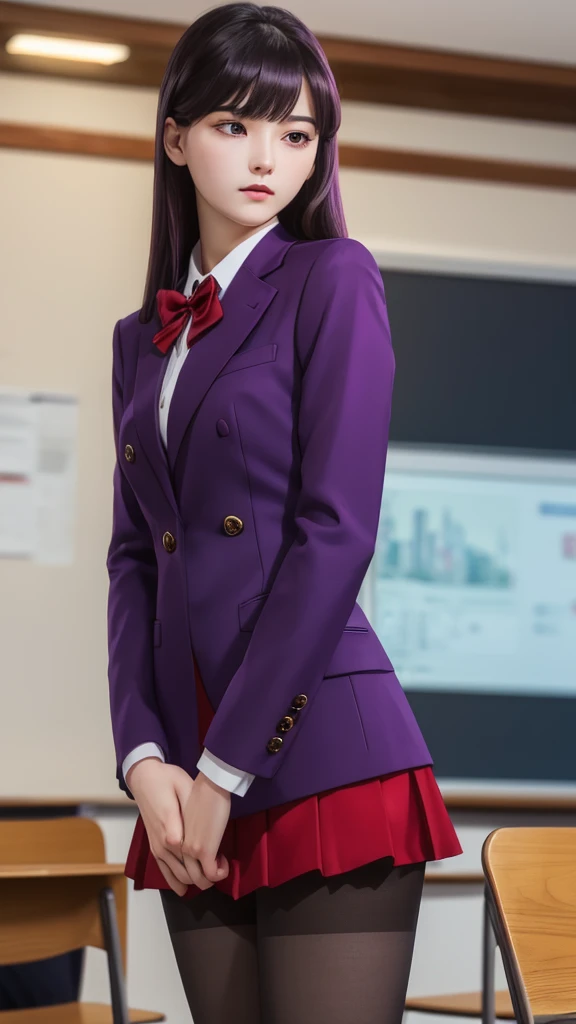 shokokomidef, Ultra realistic, 16k, high quality, incredibly detailed, dream aesthetic, dream atmosphere, purple realistic silky hair, purple real shiny eyes, long hair fluttering, pale skin, absurdres, realistic textures, 1girl, looking at viewer, standing, v arms, pantyhose, classroom (background unfocused) , upper body, , red skirt, red bow, blazer, masterpiece, best quality, Photorealistic.