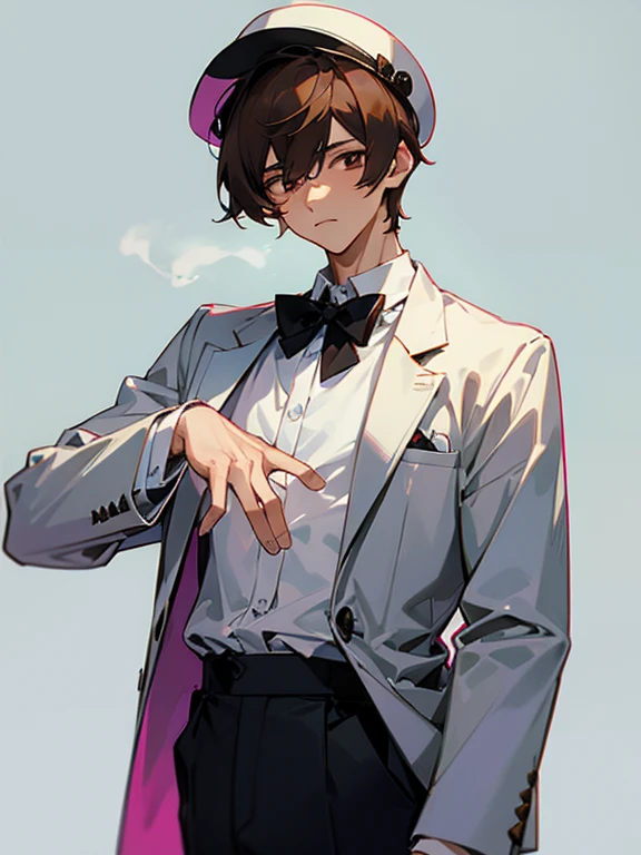 cartoon of a young man standing, with a black loop bow tie and with a white milkman hat, ddlc, in the art style of 8 0 s anime, 9 0 s anime style, 90s anime style, in anime style, in an anime style, anime aesthetic, anime vibes, 9 0 s anime aesthetic, 9 0 s anime art style, lofi boy, typical anime street background, beautiful background window, one young man, beautiful face, young man, don't extra hands, NO extra hands, generate a young man with NO extra hands, NO extra arm, white shirt, white milkman hat, tired eyes, beautiful tired eyes, brown short hair, brown hair, short hair, dark eyes, beautiful tired dark eyes, cute anime young man, based on Francis Mosses from that's not my neighbor, Francis Mosses the milkman, Francis Mosses the milkman from that's not my neighbor, beautiful face, sexy face, pretty pose, beautiful body, beautiful sexy young man, milkman, cute young milkman, no jacket only with a white shirt, no jacket