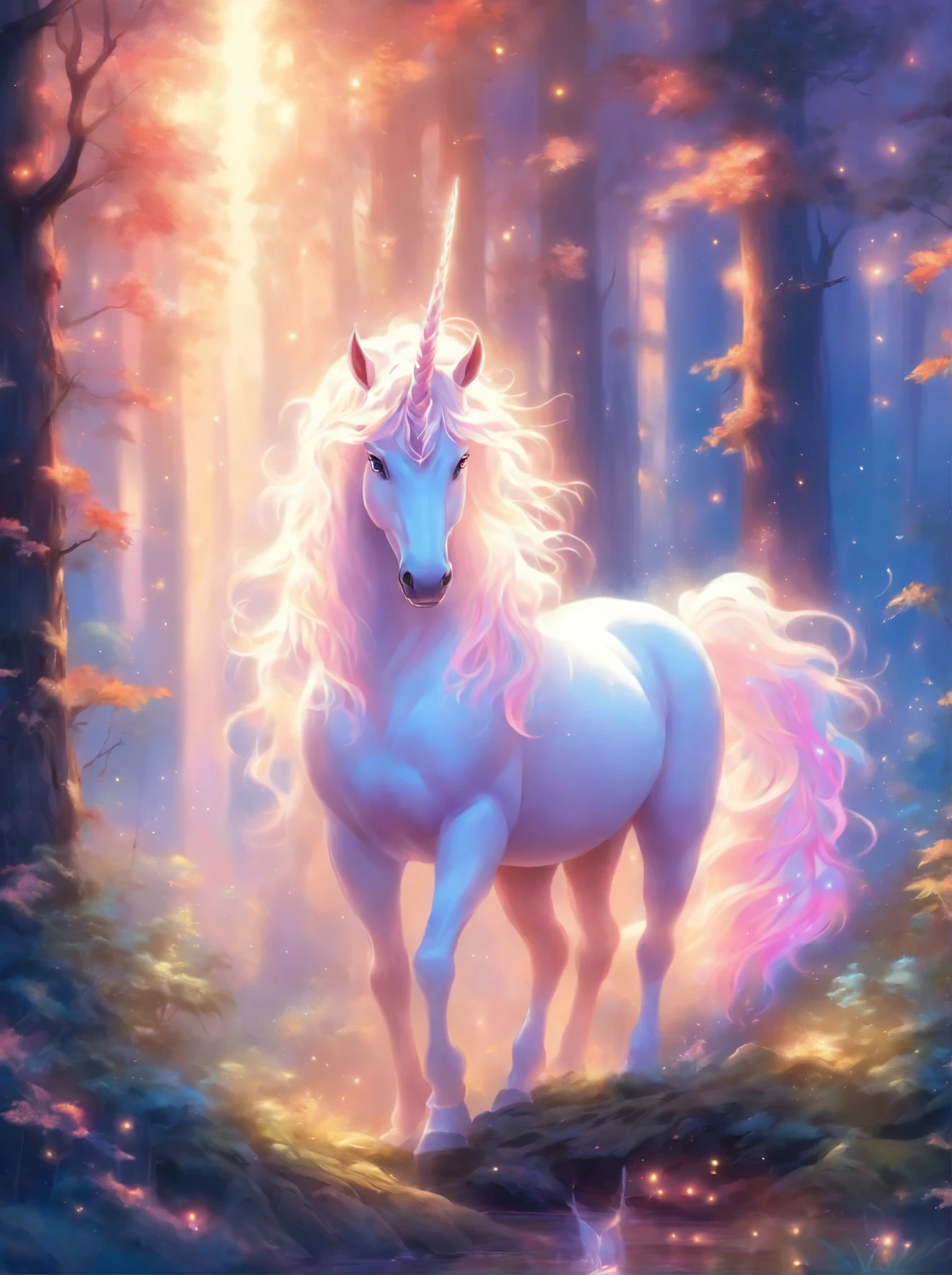painting of a white unicorn in a forest with a glowing horn, mythical creature, a mythical creature, white unicorn, ethereal!!! ultra realistic, by Bridget Bate Tichenor, by Christophe Vacher, fantasy creature, mythical whimsical creatures, a unicorn, unicorn, by Alison Kinnaird, mystical oil on linen, irridescent ghostly, mythical creatures, forest spirit