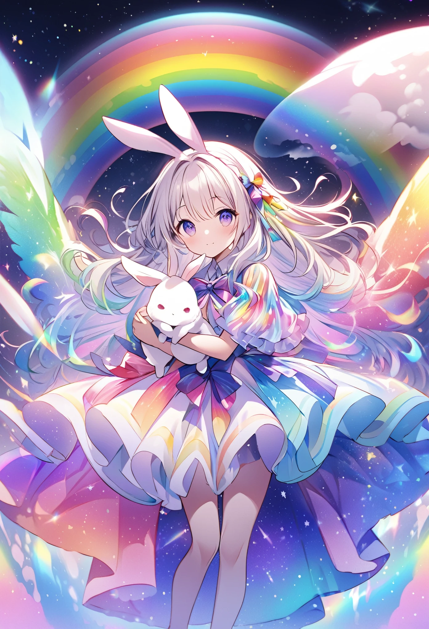 "Create an illustration of a mysterious character holding a white rabbit, She has light-colored hair with ribbons that resemble bunny ears.. Characters are shiny, A rainbow-colored blouse that reflects different colors. The background must be a celestial object, The starry sky transforms into a vibrant rainbow spectrum, Creates a mysterious and magical atmosphere."

