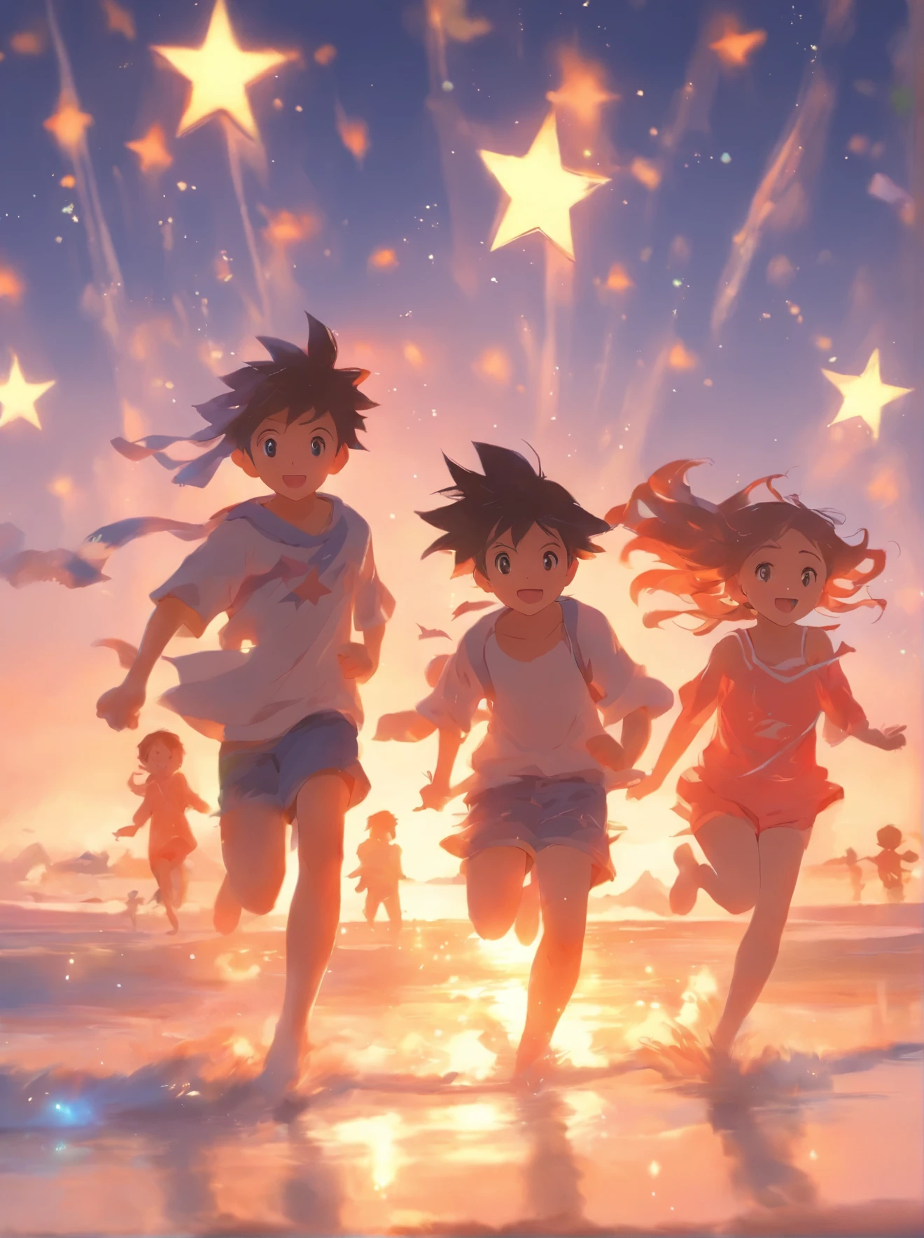 painting of children running on the beach with stars in the sky, concept art by Yanjun Cheng, pixiv, conceptual art, reflections. by makoto shinkai, expressing joy. by krenz cushart, by makoto shinkai, guweiz on pixiv artstation, guweiz on artstation pixiv