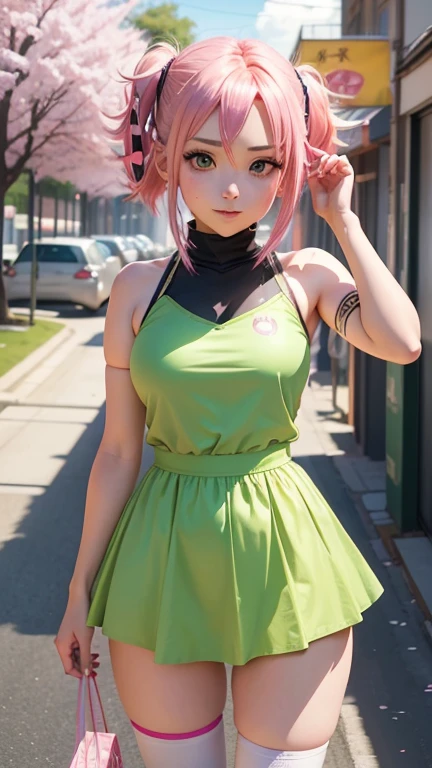 Anime girl 12 years old with pink hair and green eyes posing for a photo., sakura haruno, mejor fondo de pantalla de anime 4k konachan, chica anime seductora, marin kitagawa fan art, sakura petals around, salpicadura de anime , estilo anime 4k, Moe anime art style, high quality anime art style, ilustraciones de anime detalladas, anime wallaper, mejor chica anime