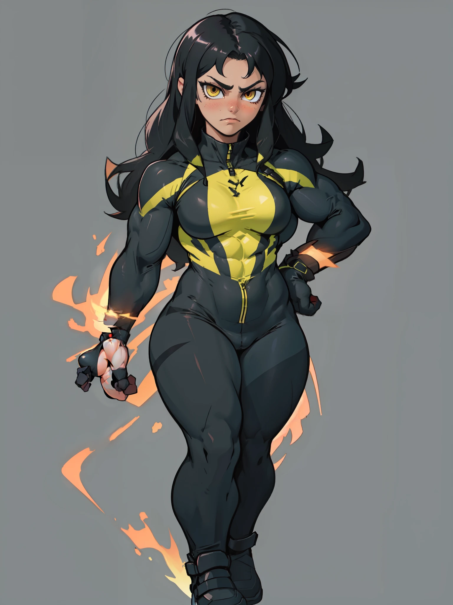 grey background ((((muscular 1girl)))) ((((thick toned body breasts)))) black hair yellow eyes very long hair sad skinsuit (((full body)))