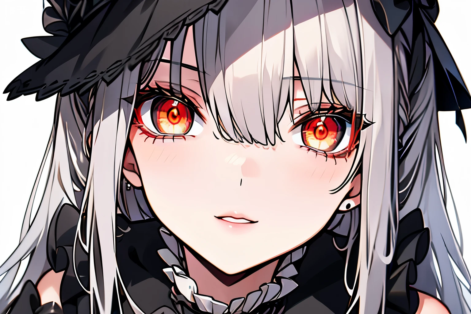 Victorian dresses, delicated eyes, delicated lips, (full heterocromia (a right eye red, a left eye silver))