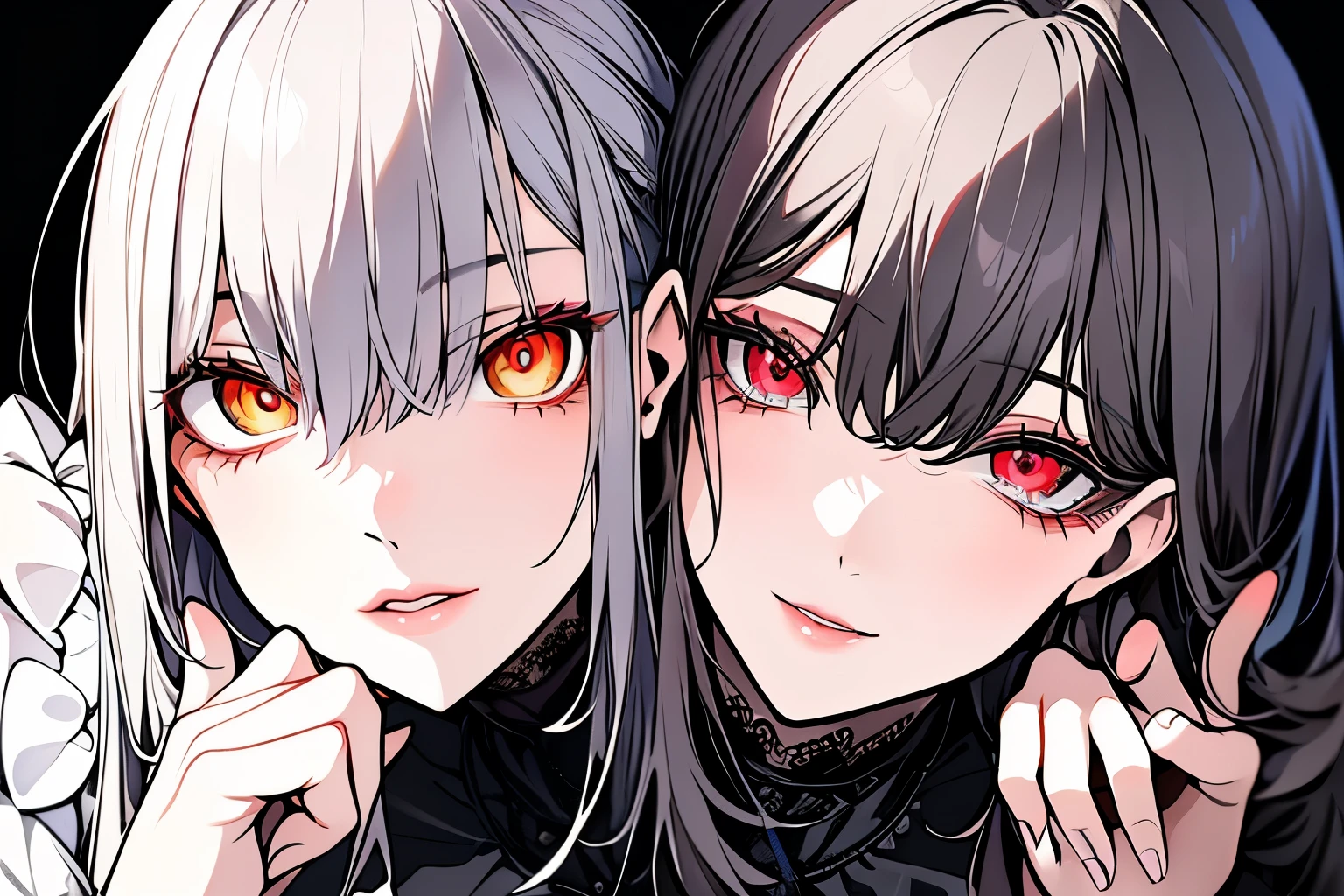 Victorian dresses, delicated eyes, delicated lips, (full heterocromia (a right eye red, a left eye silver))