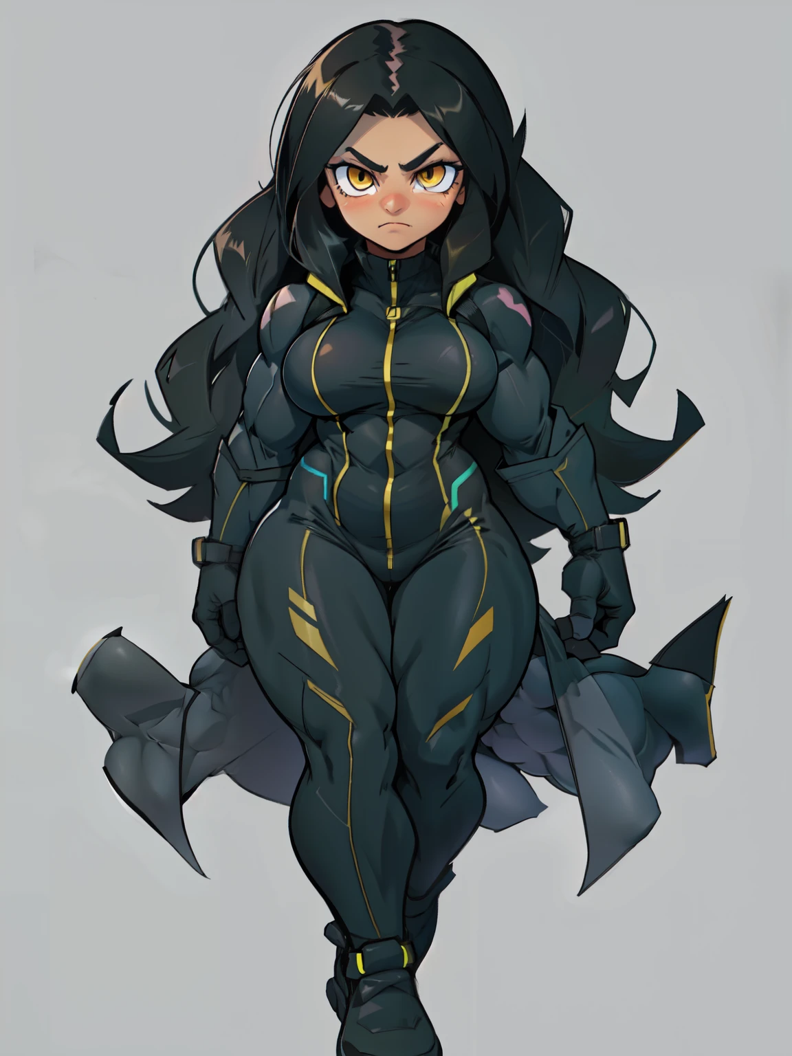 grey background ((((muscular 1girl)))) ((((thick toned body breasts)))) black hair yellow eyes very long hair sad skinsuit (((full body)))