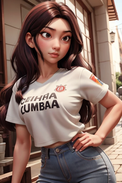 chica de piel blanca, Cuerpo delgado, cabello hasta los hombros, Brown and wavy hair, Brown eyes, cara larga, lunar en la cara cerca de la boca, vaqueros, camiseta benfica, mala preta, al fondo en la calle.