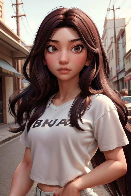 chica de piel blanca, Cuerpo delgado, cabello hasta los hombros, Brown and wavy hair, Brown eyes, cara larga, lunar en la cara cerca de la boca, vaqueros, camiseta benfica, mala preta, al fondo en la calle.