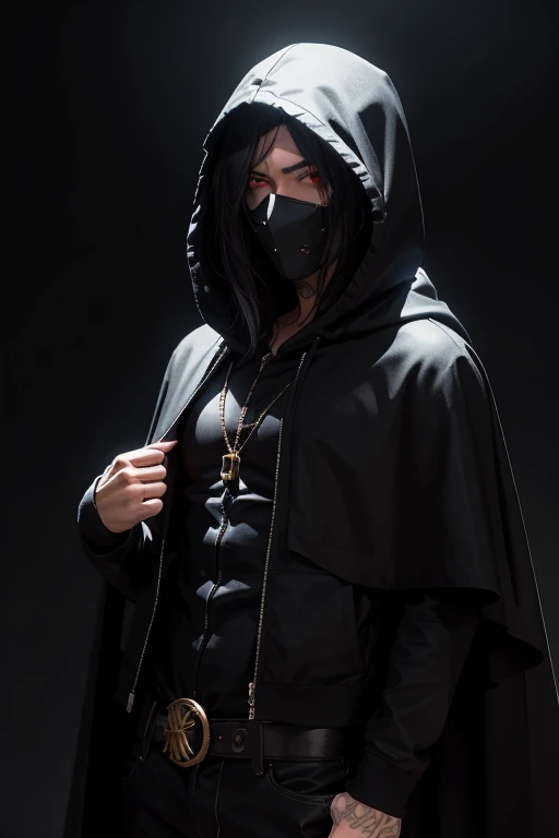 fantasy monster man with black clothes, a black cape, two red eyes, hooded face, gloomy and dark background