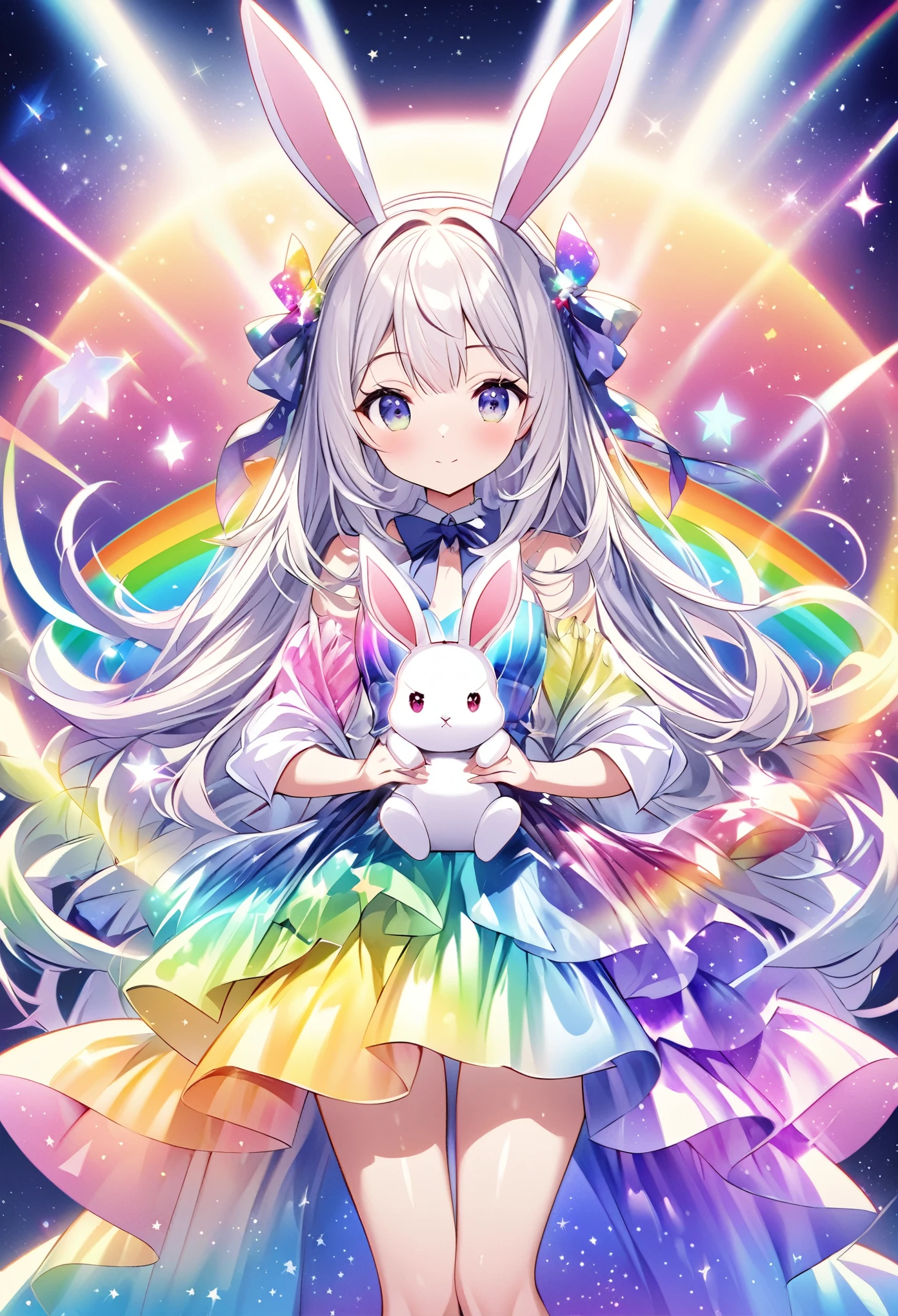 "Create an illustration of a mysterious character holding a white rabbit, She has light-colored hair with ribbons that resemble bunny ears.. Characters are shiny, A rainbow-colored blouse that reflects different colors. The background must be a celestial object, The starry sky transforms into a vibrant rainbow spectrum, Creates a mysterious and magical atmosphere."
