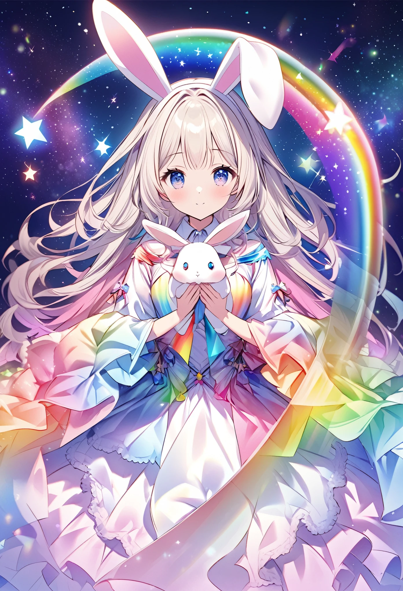 "Create an illustration of a mysterious character holding a white rabbit, She has light-colored hair with ribbons that resemble bunny ears.. Characters are shiny, A rainbow-colored blouse that reflects different colors. The background must be a celestial object, The starry sky transforms into a vibrant rainbow spectrum, Creates a mysterious and magical atmosphere."