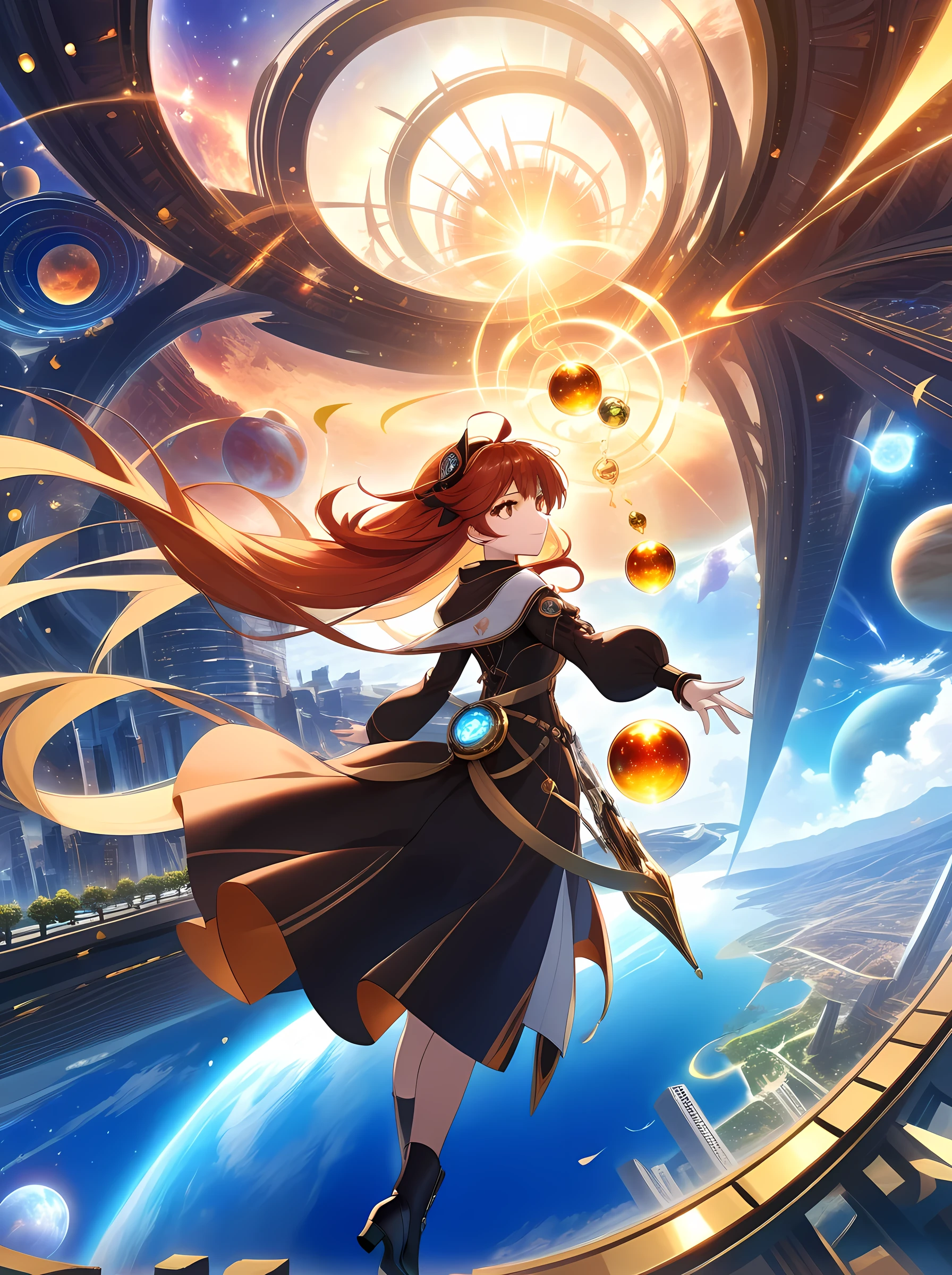 ((Game CG)), dramatic angle, (((fantasy science))), 1 young magical girl flying on the sky, young sister taste, jet black semi-long hair with honey inner color, amber eyes, glowing eyes, wearing back cape, dark color clothing, magic around her, joyful face, magic city, scientific architecture, mystical energy, magic particle, science fantagy, advanced technology, witches flying on the sky, future style, fantastic atmosphere, advanced infrastructure, teleport, water city, oasis, sophisticated urban, hope, glory, another planet, 32k, ((eternal classic, best quality, ultra-detailed, an extremely delicate and beautiful)), ((extremely detailed CG unity 32k wallpaper)), ((award winning, ccurate, UHD, textured skin, chromatic aberration, perfect anatomy, golden ratio)), (concept art), (exquisite attention to detail), ((perfect_composition, perfect_design, perfect_layout, perfect_detail, ultra_detailed)), ((aesthetic harmony)), ((anime style))
