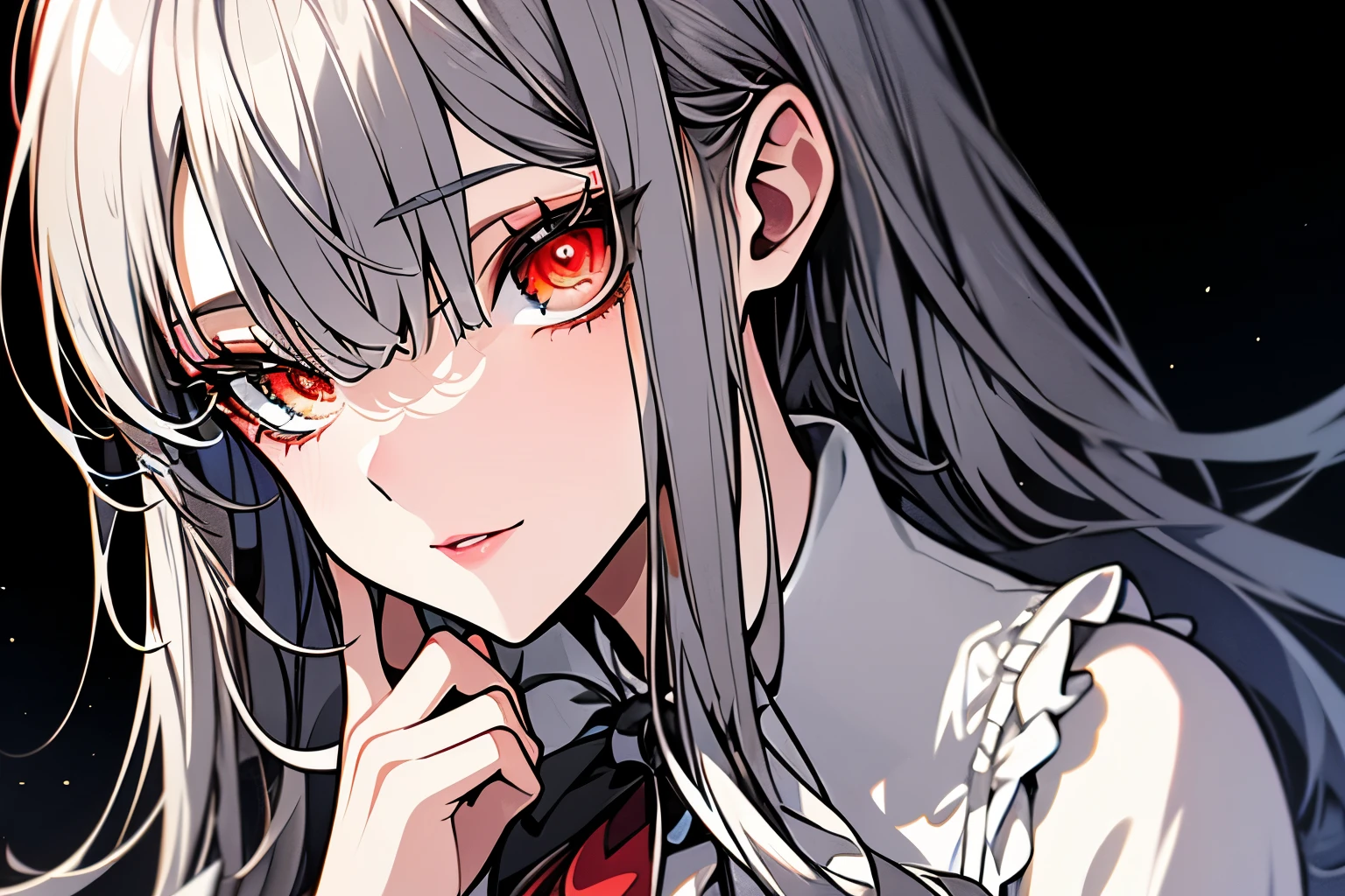 Victorian dresses, delicated eyes, delicated lips, (full heterocromia (a right eye red, a left eye silver))