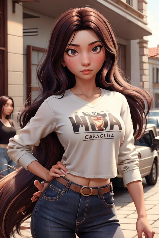 chica de piel blanca, Cuerpo delgado, cabello hasta los hombros, Brown and wavy hair, Brown eyes, cara larga, lunar en la cara cerca de la boca, vaqueros, camiseta benfica, mala preta, al fondo en la calle.