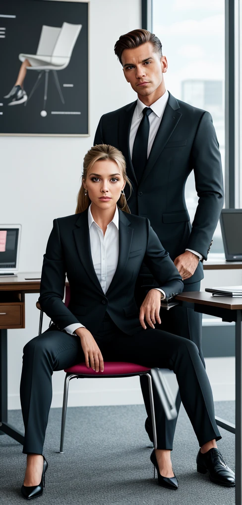 there is a woman sitting on a chair next to a man, (sfw) safe for work, dominant pose, security agent, on a desk, perfect scene, smooth in _ the background, wearing a strict business suit, casually dressed, beautiful angle, stylish pose, imposing and dominating, posing heroically, 🤬 🤮 💕 🎀, working hard, in strict suit