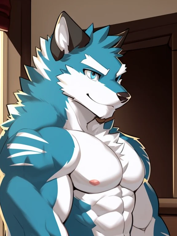 Argo, solamente, , enfoque masculino,, por zackary911, por tiempos, solamente, masculino, zootopia style, Antecedentes detallados, sonriente, sonriente, Mirando al espectador, (sombreado suave), 4k, cualquier cosa, Tema oscuro, dormitorio, rayado, Rayas, macho musculoso, solo, suspensorio, pecho descubierto, nude, solo, solo en ropa interior,
