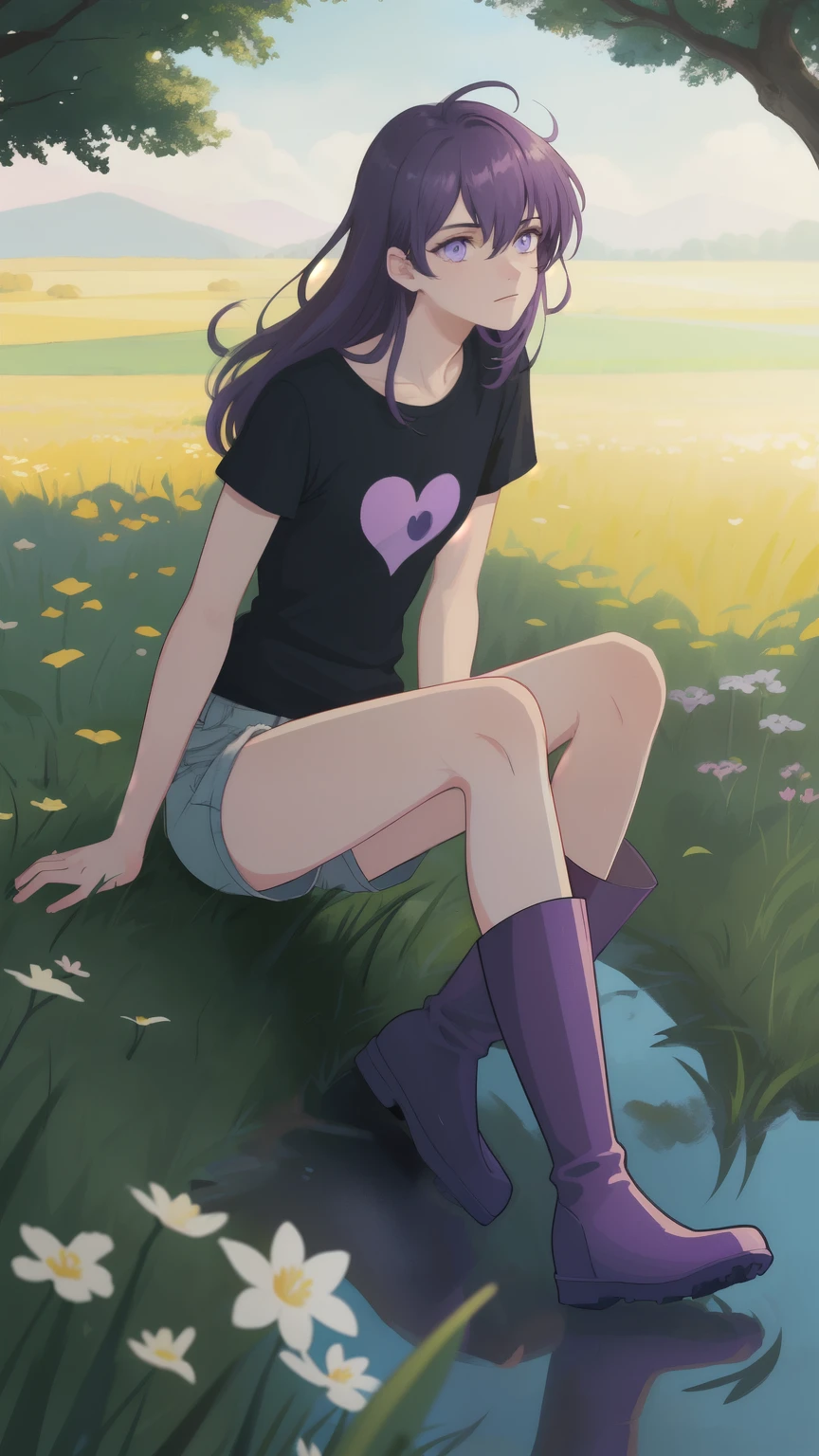 Best quality, super detailed illustration, warm colors, Ideal lighting, Perfect detail, boy, Femboy, black T-shirt with a heart pattern, long purple hair, bright eyes, Rubber boots, short shorts, Whole body, in the middle of a field under a tree