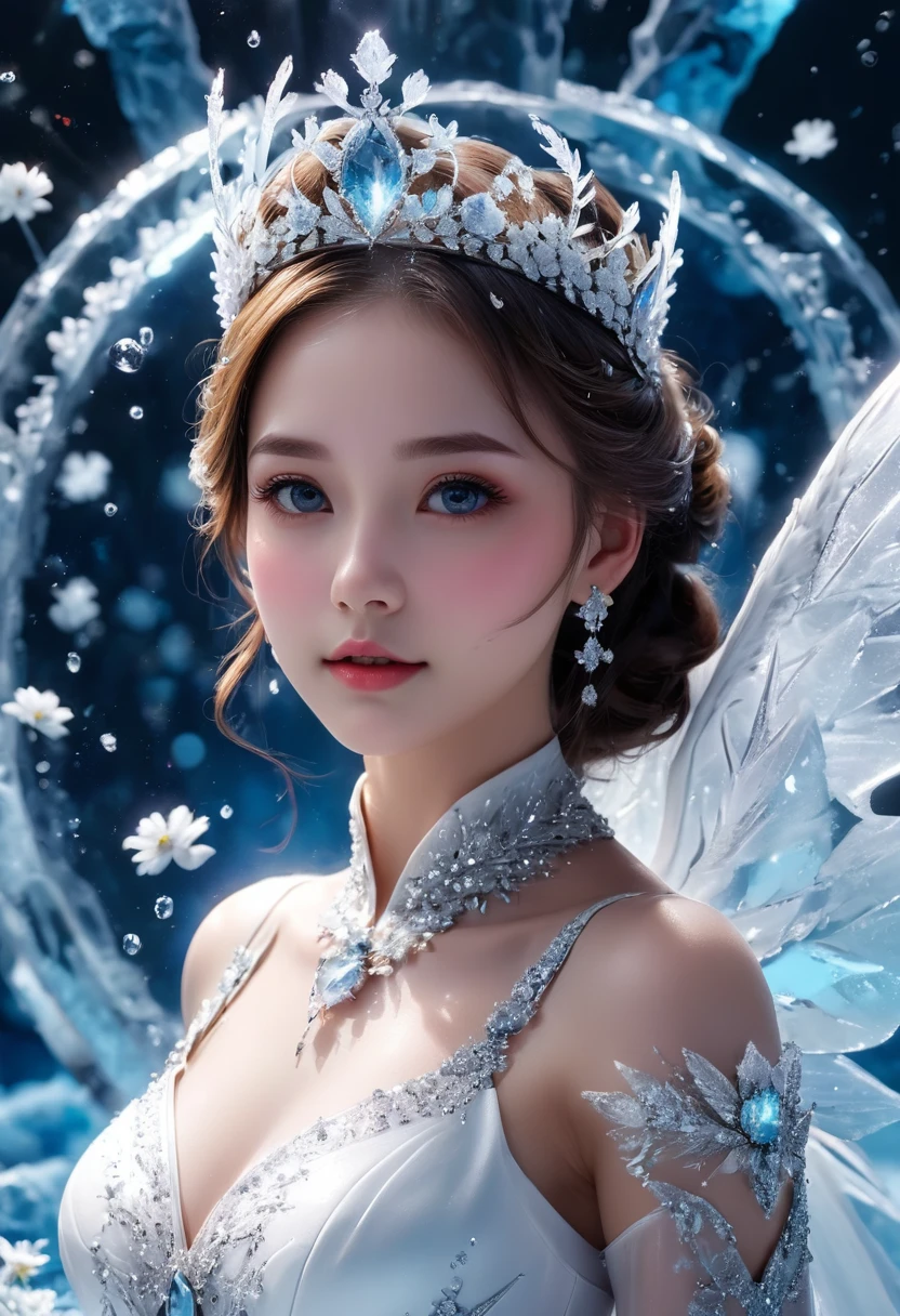 simple background,water,ice and water,water ring,the water ring surrounds the girl and is a bit of a circular magic,ice,1girl,solo,plump,looking at viewer,floating water,space,frost nova,ice circle,close up,white dress,ice flower,ice tiara,winged_footwear,sparkle_background, masterpiece, best quality, Professional, perfect composition, very aesthetic, absurdres, ultra-detailed, intricate details