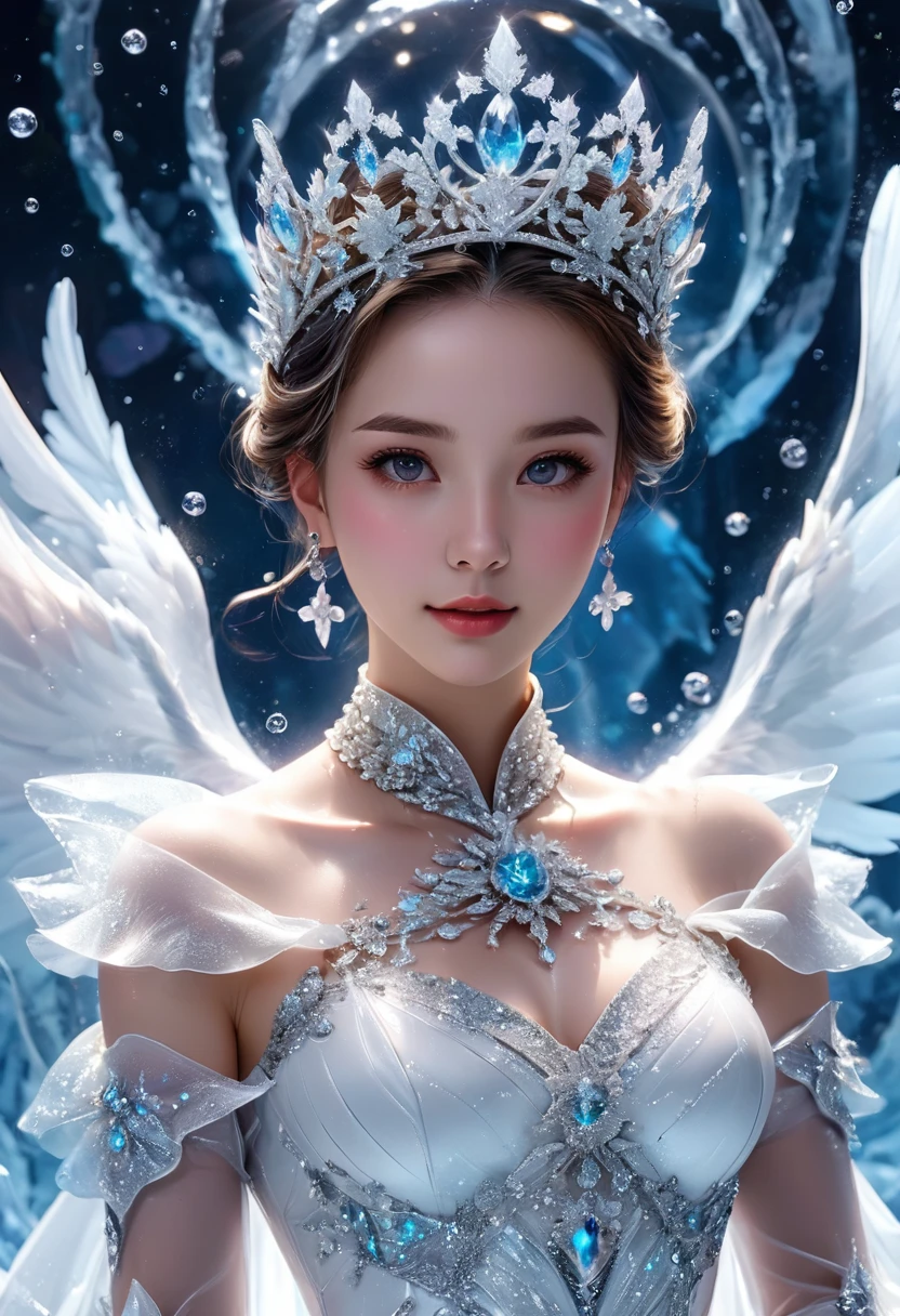 simple background,water,ice and water,water ring,the water ring surrounds the girl and is a bit of a circular magic,ice,1girl,solo,plump,looking at viewer,floating water,space,frost nova,ice circle,close up,white dress,ice flower,ice tiara,winged_footwear,sparkle_background, masterpiece, best quality, Professional, perfect composition, very aesthetic, absurdres, ultra-detailed, intricate details