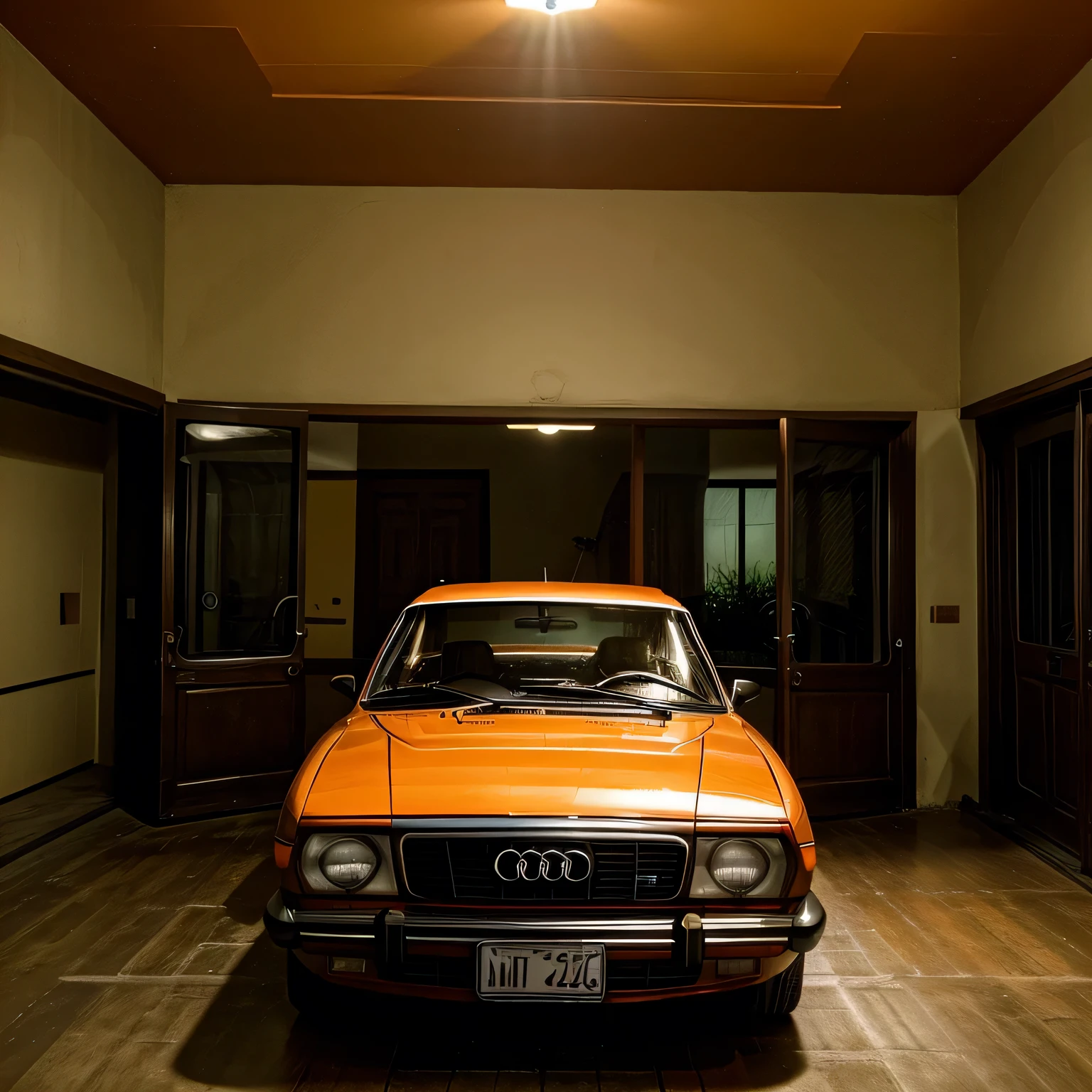 /imagine prompt: Audi 100 coupe 2 doors, 1977 orange color, fhotorrealism,(((Ghibli style))), Spirited Away, Howl's Moving Castle, dreamy colour palette,